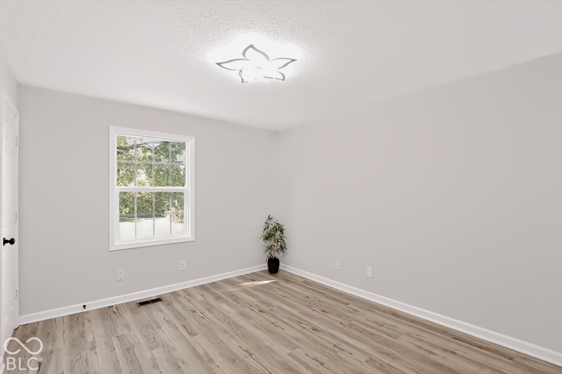 Wood-finish flooring, white walls, and a single-pane window with white trim