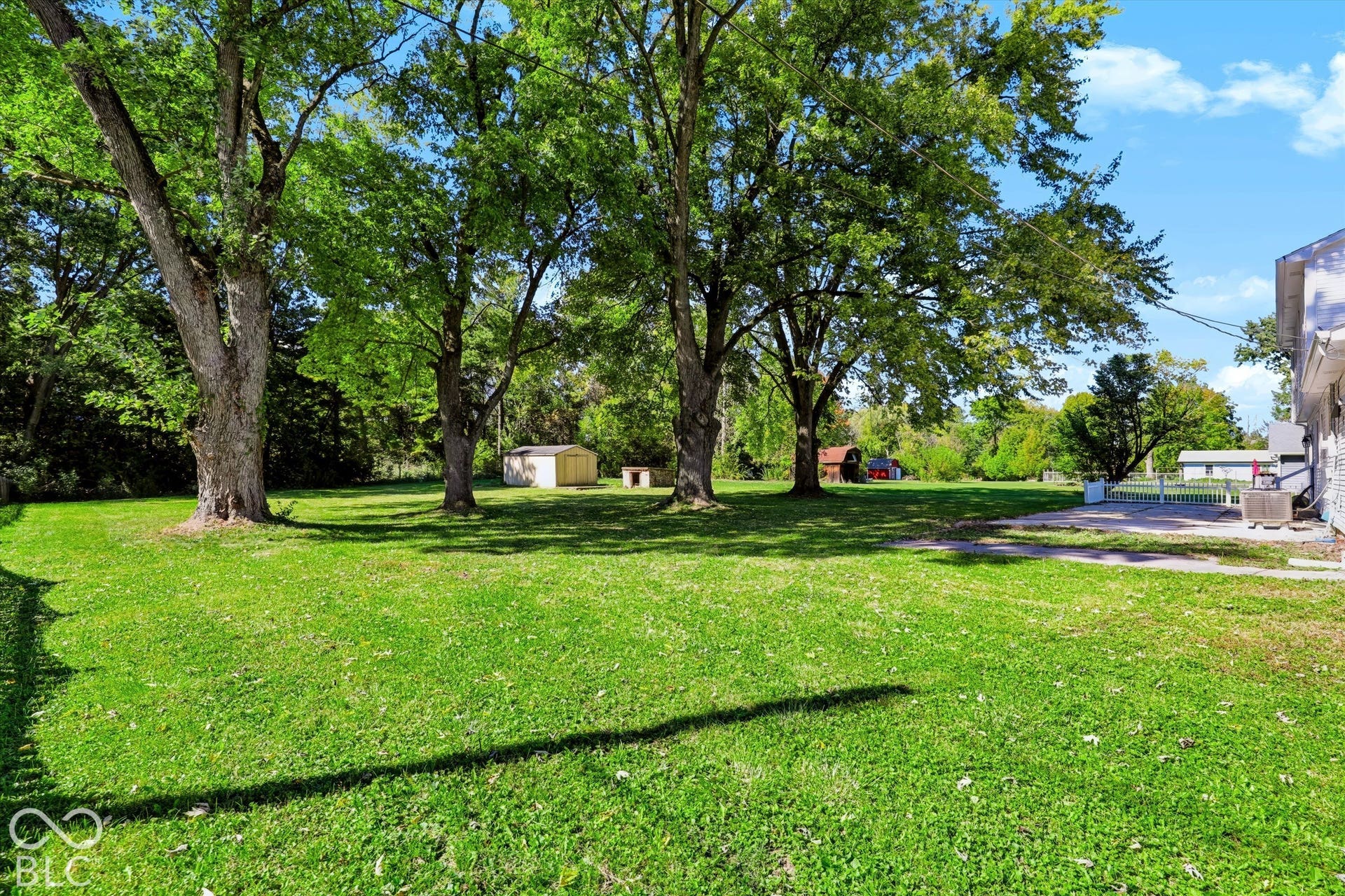Expansive lawn featuring mature trees, a concrete patio, and two storage sheds