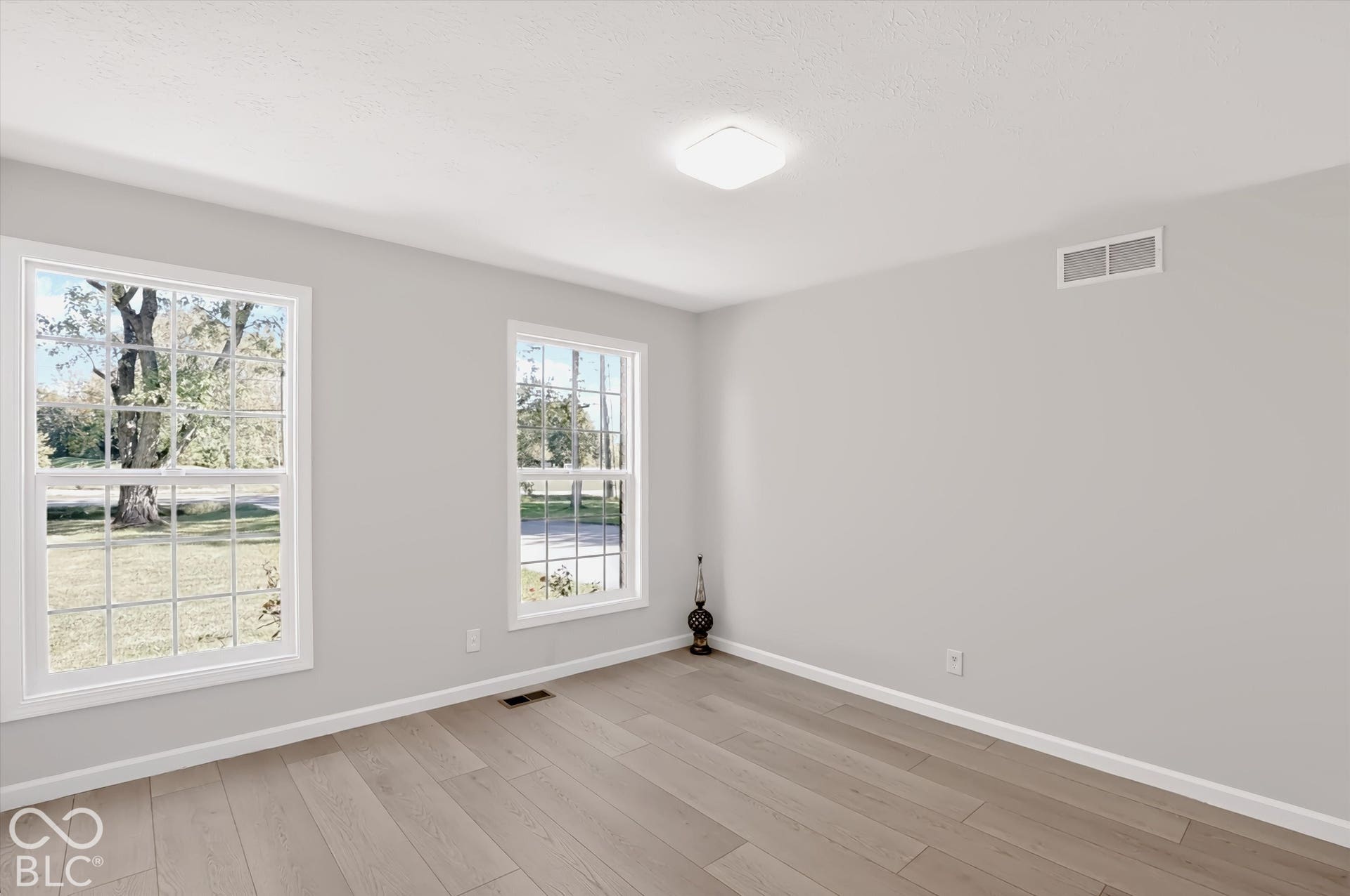 Light wood-finish flooring with white trim