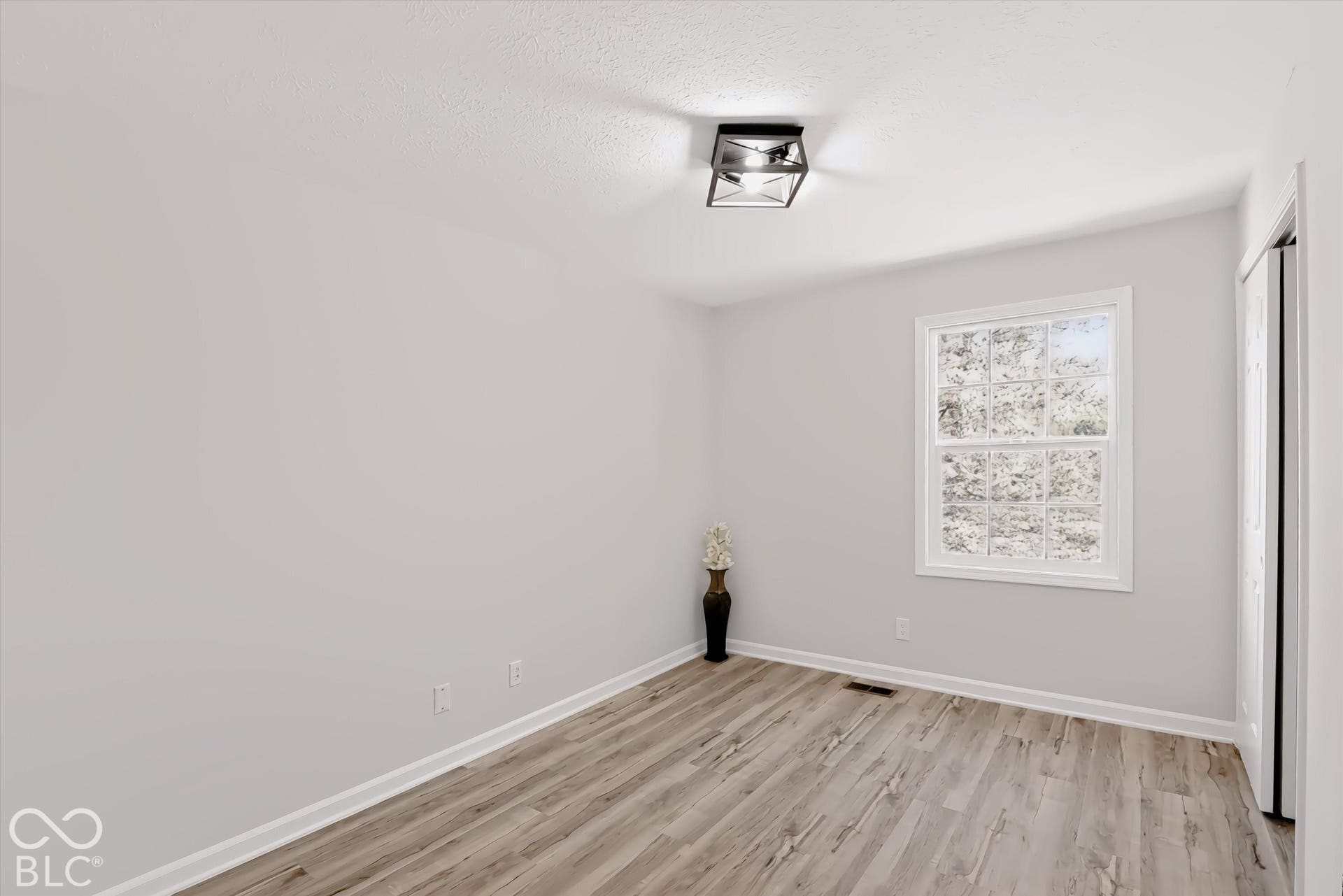 Light-toned wood-finish flooring, white walls, and a single window with white trim