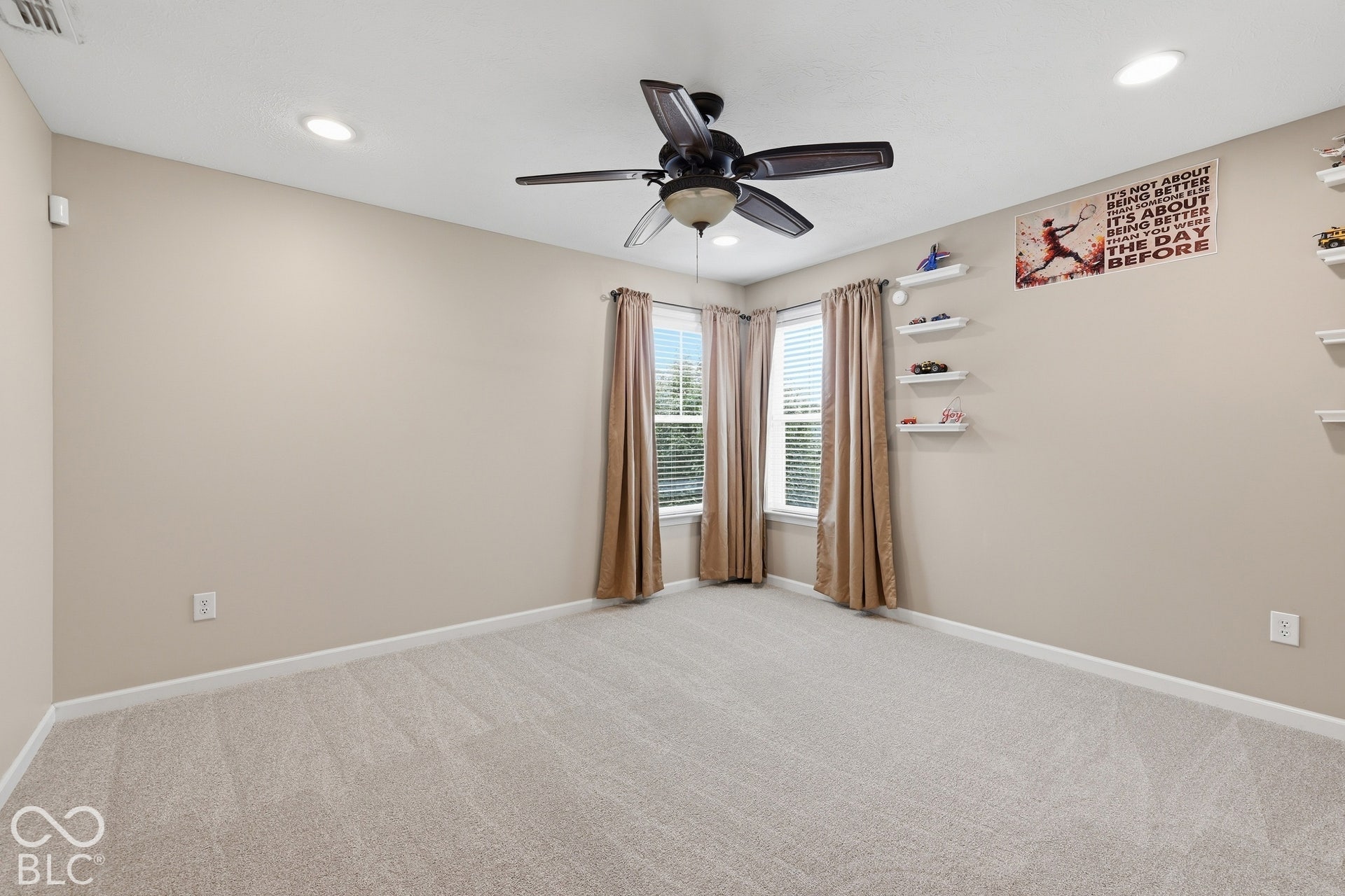 Bedroom 4, Recessed ceiling lighting, ceiling fan with light fixture, light neutral wall color, light-colored carpet, and windows with blinds