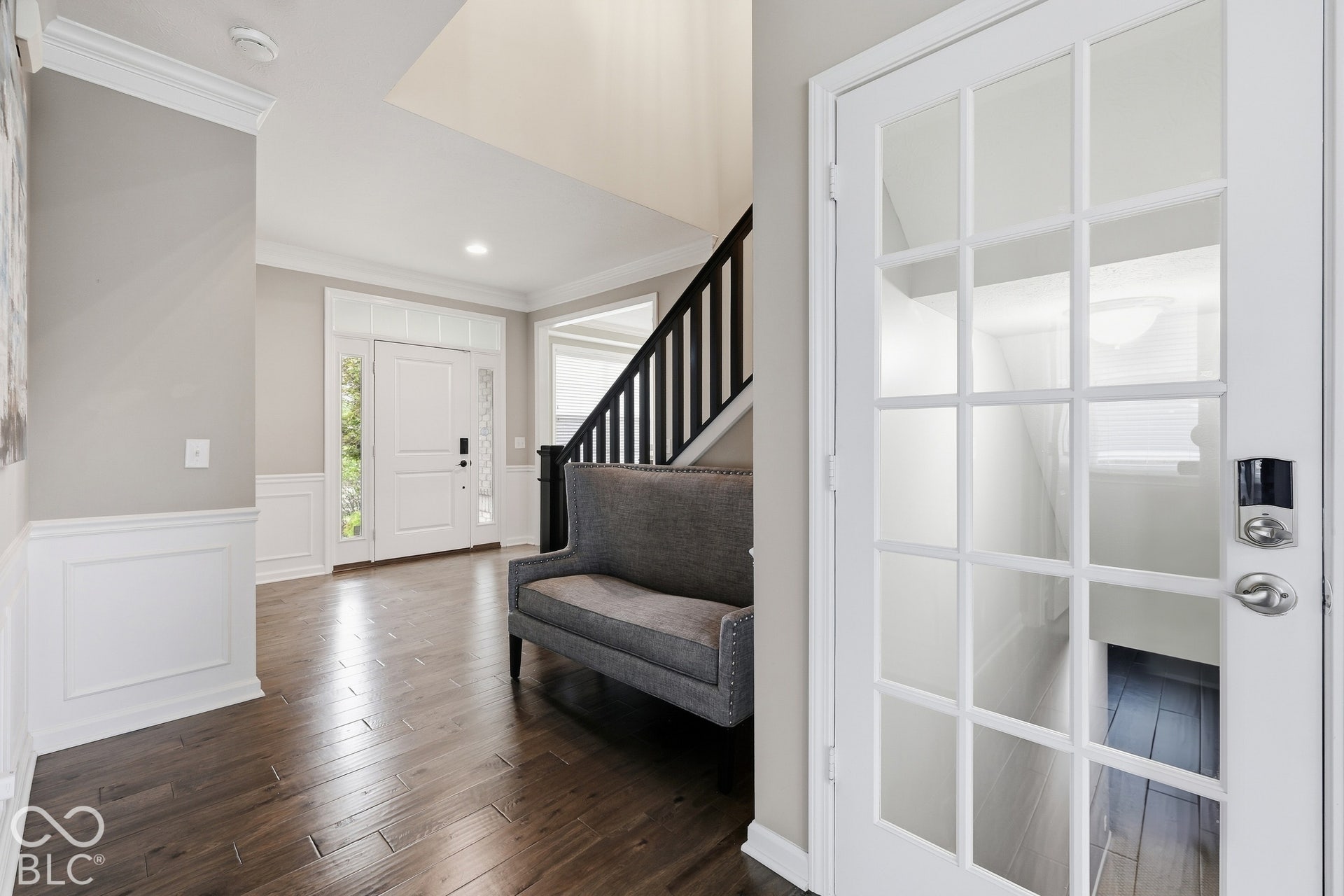 Wood-finish flooring, wainscoting, and crown molding