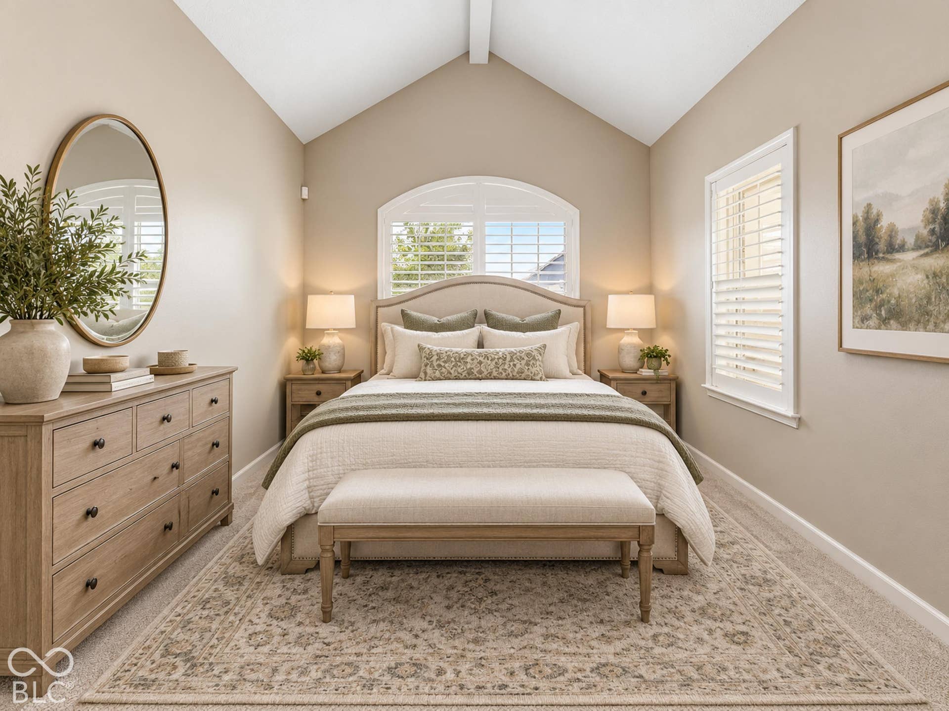 Virtually Altered - Main Floor Bedroom with attached full bath offering vaulted ceiling, arched window with plantation shutters, additional window with plantation shutters, neutral wall color, and plush carpet flooring