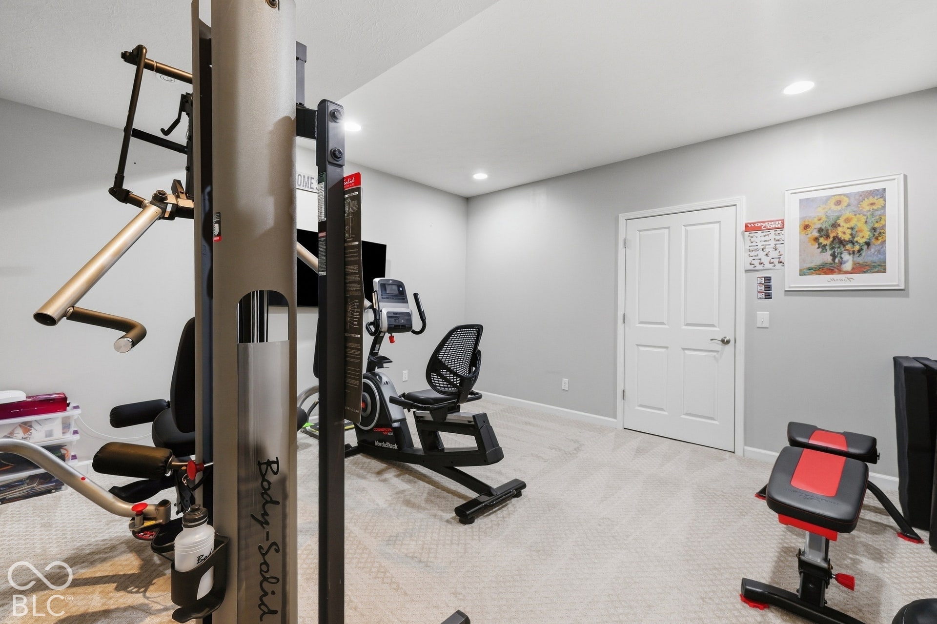 Neutral-toned wall paint, recessed lighting, white double-panel door, and light-colored carpeted flooring