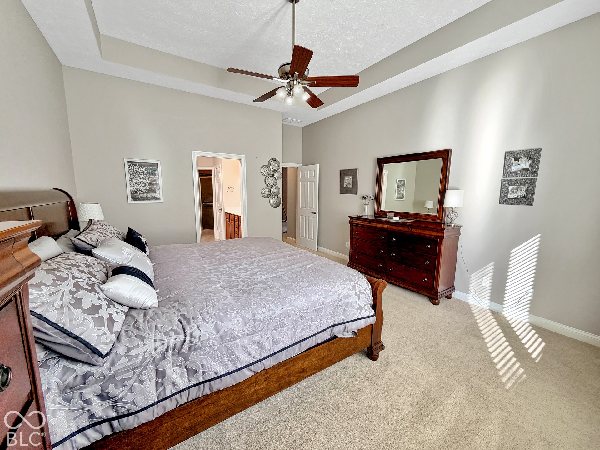 Tray ceiling, ceiling fan, neutral wall paint, carpet flooring, interior door