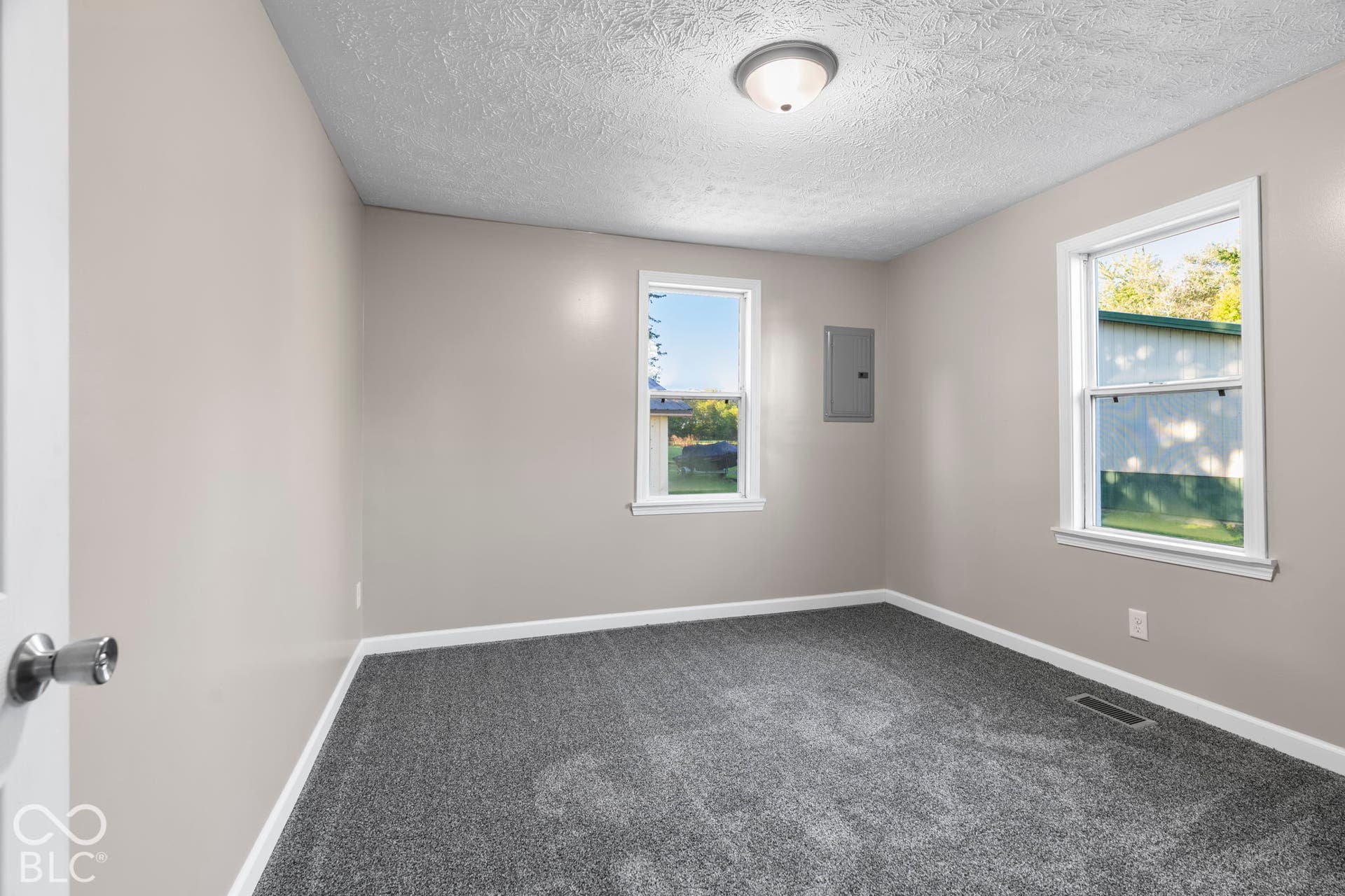 Neutral tone wall paint, textured ceiling, gray carpet, dual windows, and a flush mount ceiling light