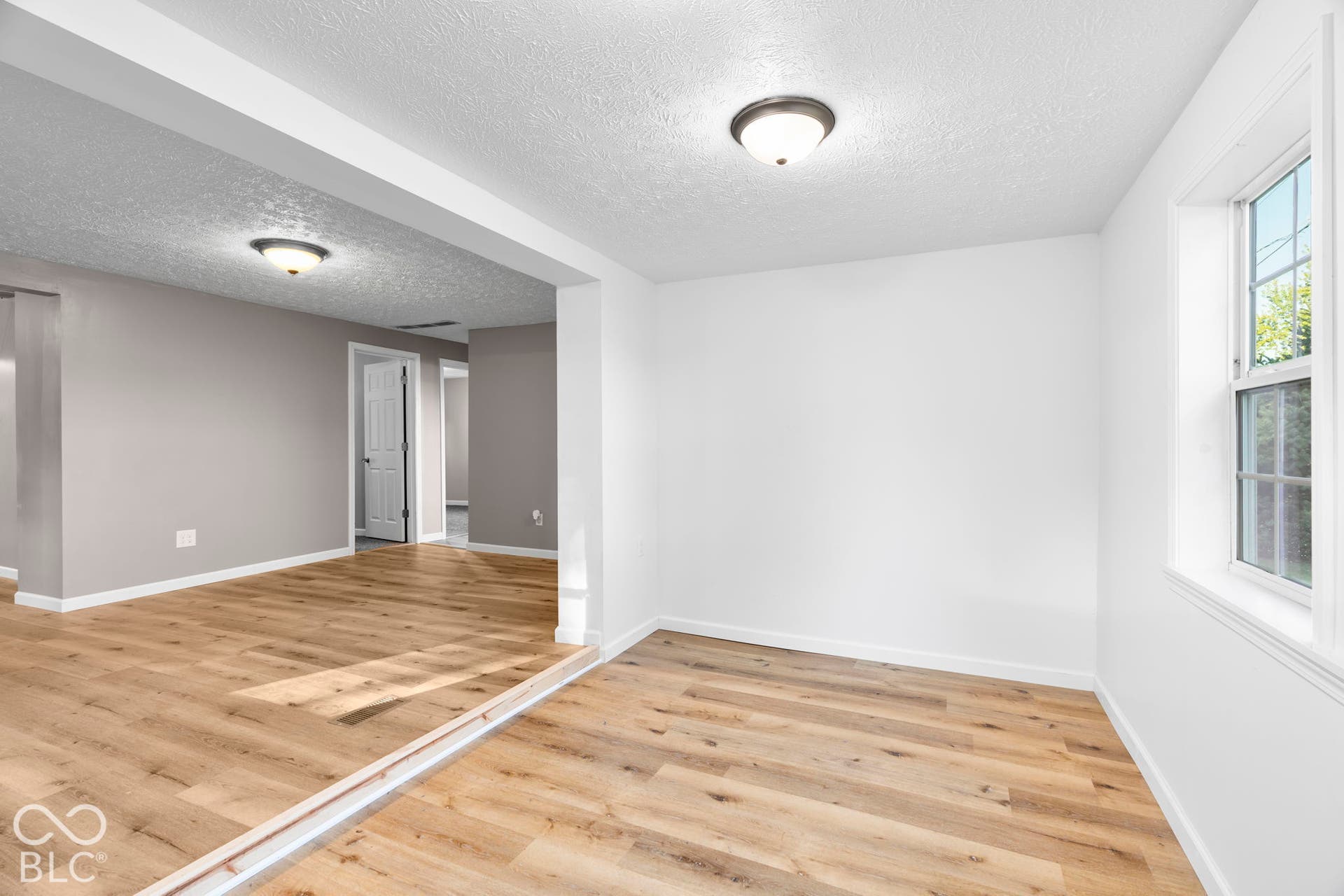 Wood-finish flooring throughout, white painted walls, and ceiling-mounted light fixtures