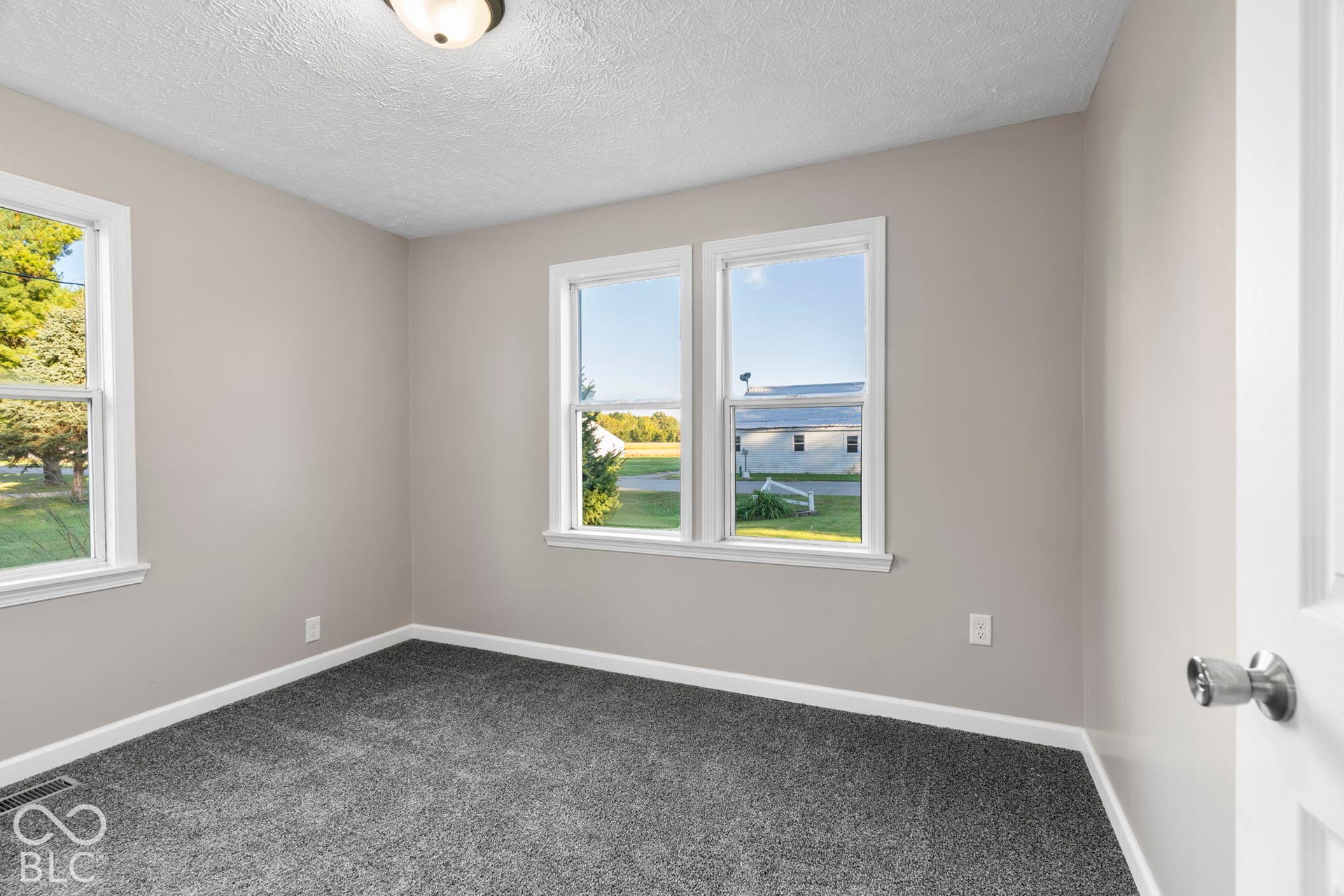 Light gray wall color, textured ceiling, two windows with white trim, dark gray carpet, and a white interior door with a brushed nickel knob