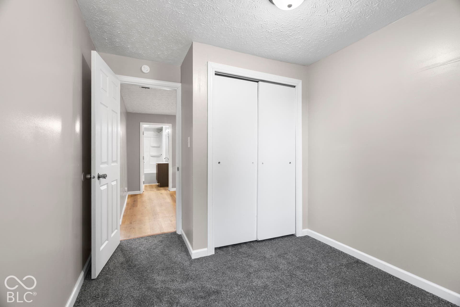 Textured ceiling, flush mount lighting, sliding closet doors, gray carpeting, and light gray wall paint