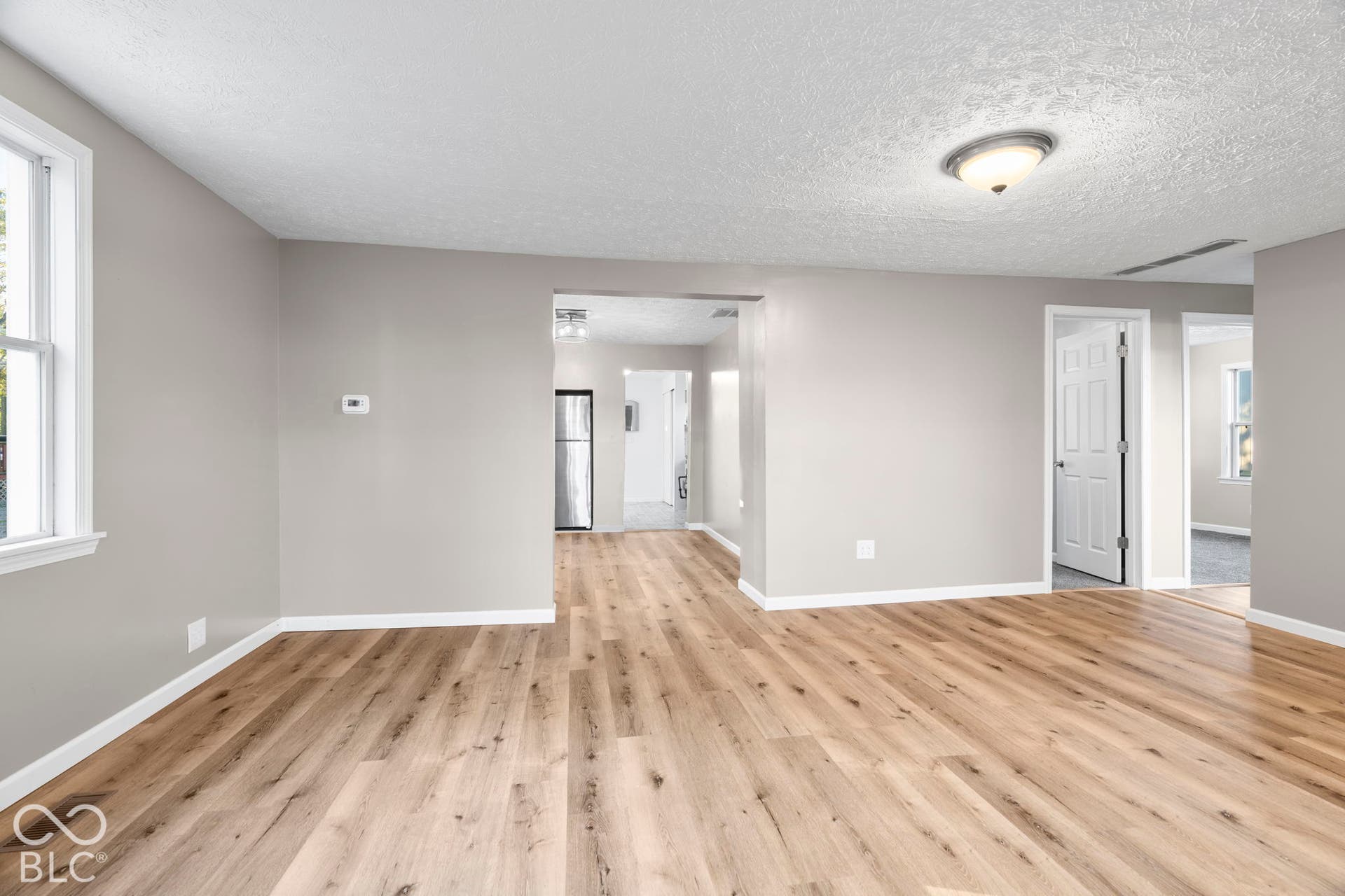 Spacious room with wood-finish flooring, light gray walls, white trim, and a flush-mount ceiling light