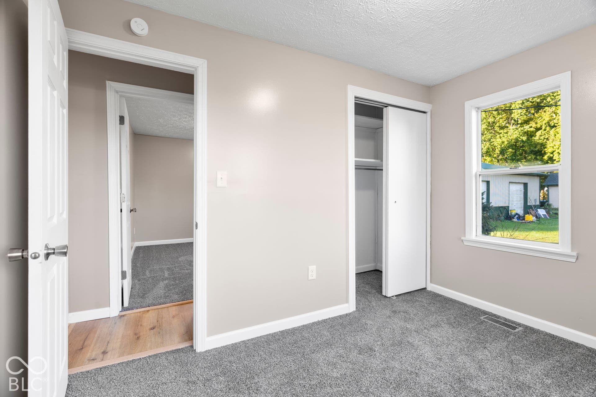 Neutral wall paint, gray carpeting, white trim, bi-fold closet, and a white framed window