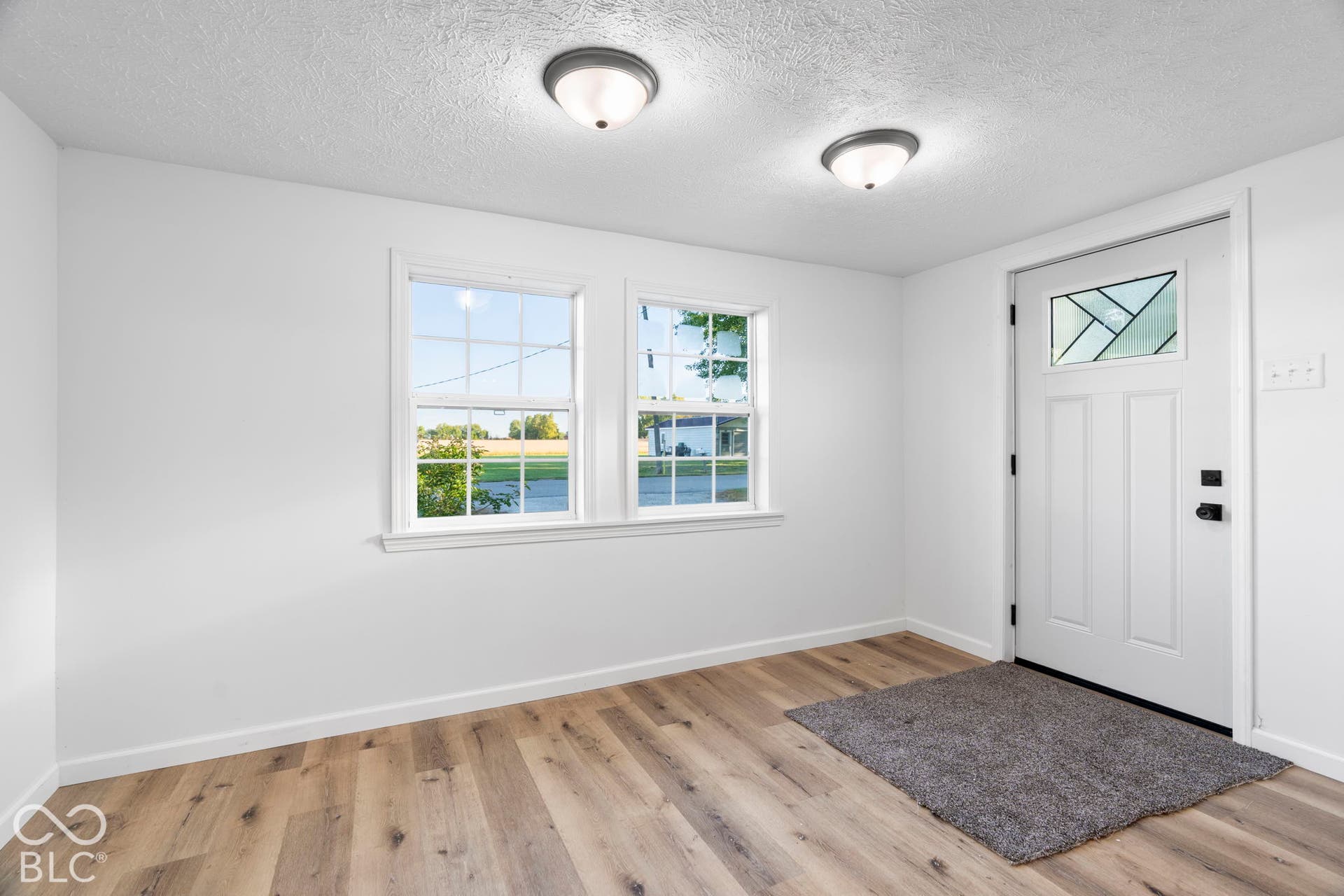 Entryway featuring wood-finish flooring, white paneled door with decorative glass inlay, double-hung windows, and ceiling-mounted light fixtures