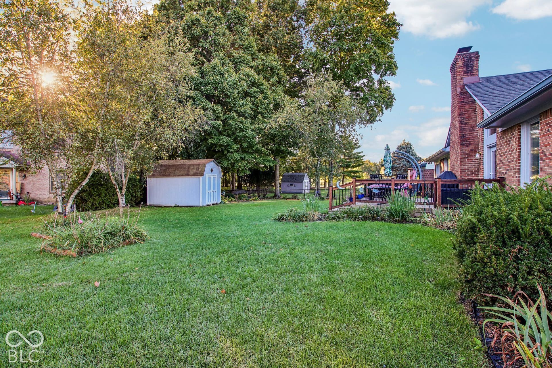 View of back yard and storage shed.