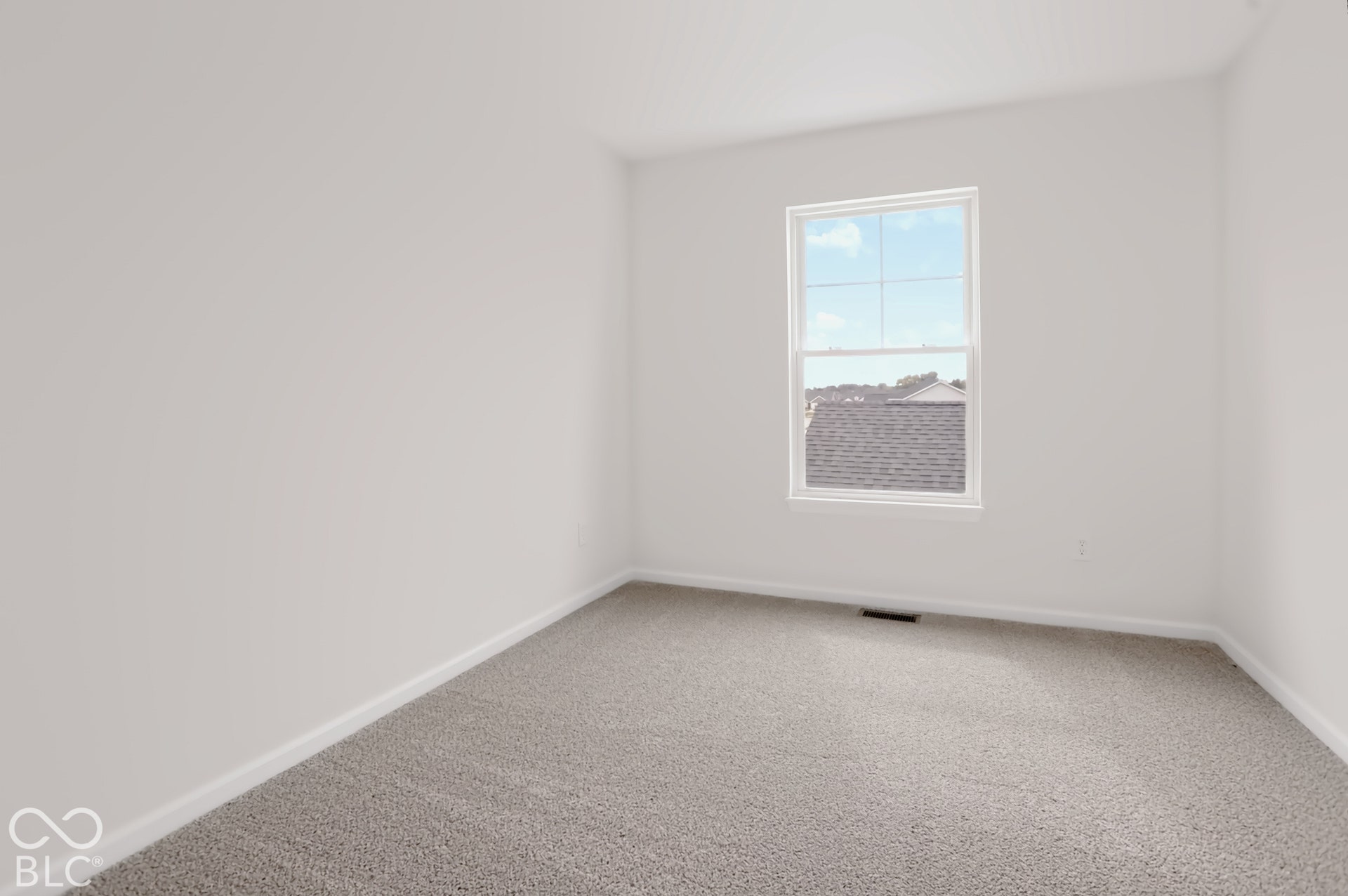 Neutral wall paint, light gray carpet, and a single window with white trim