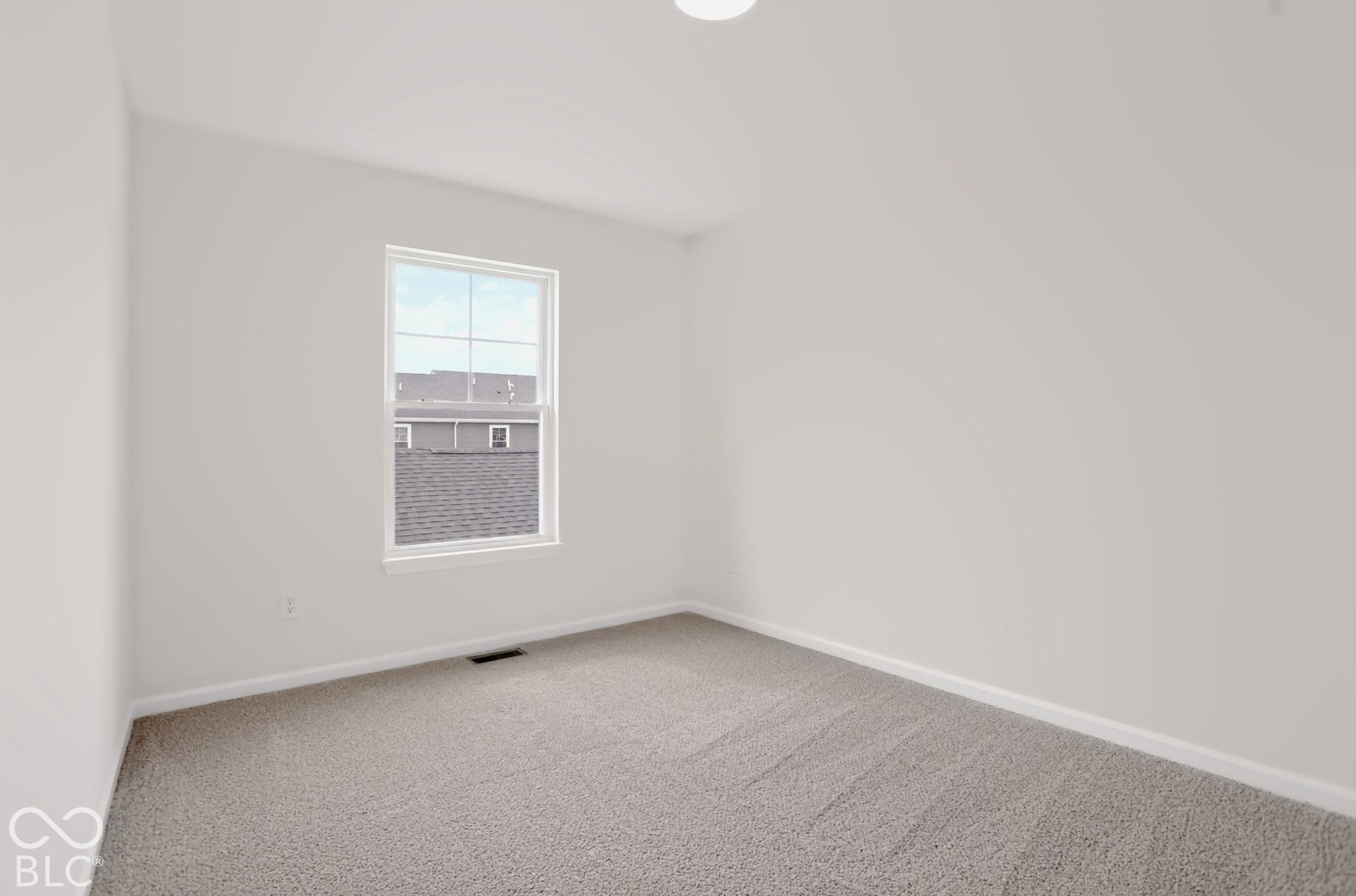 Carpeted flooring, white walls, white window trim, and a ceiling light fixture