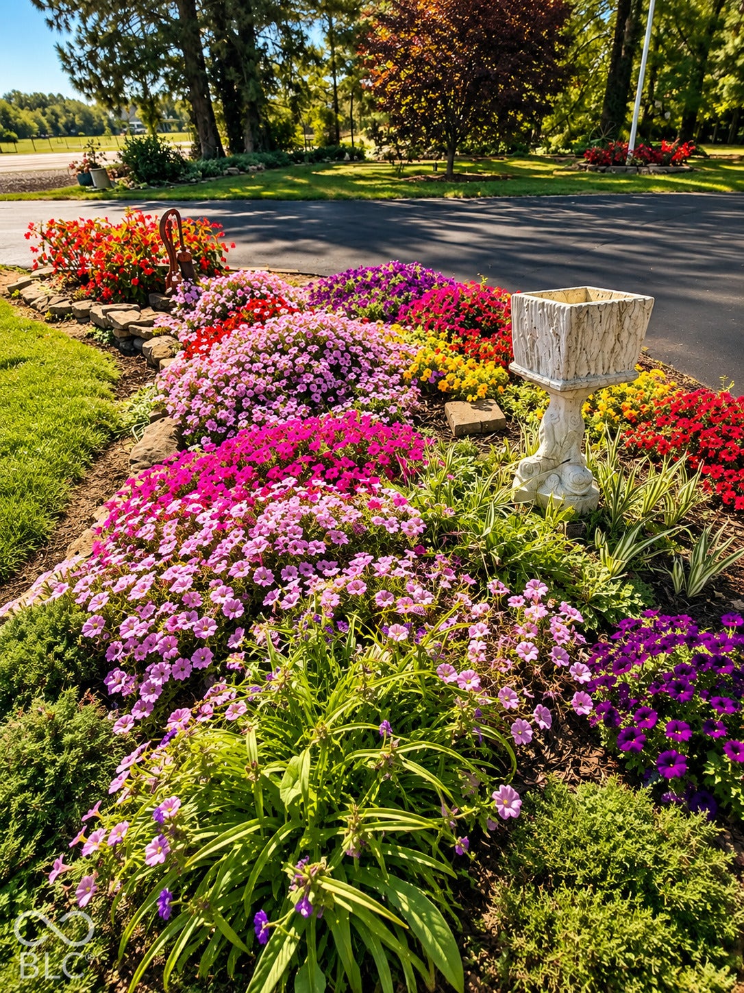3680 S State Road 75, Coatesville, IN 46121 Manicured garden beds showcasing diverse flowering plants, decorative stone border, and a concrete bird bath