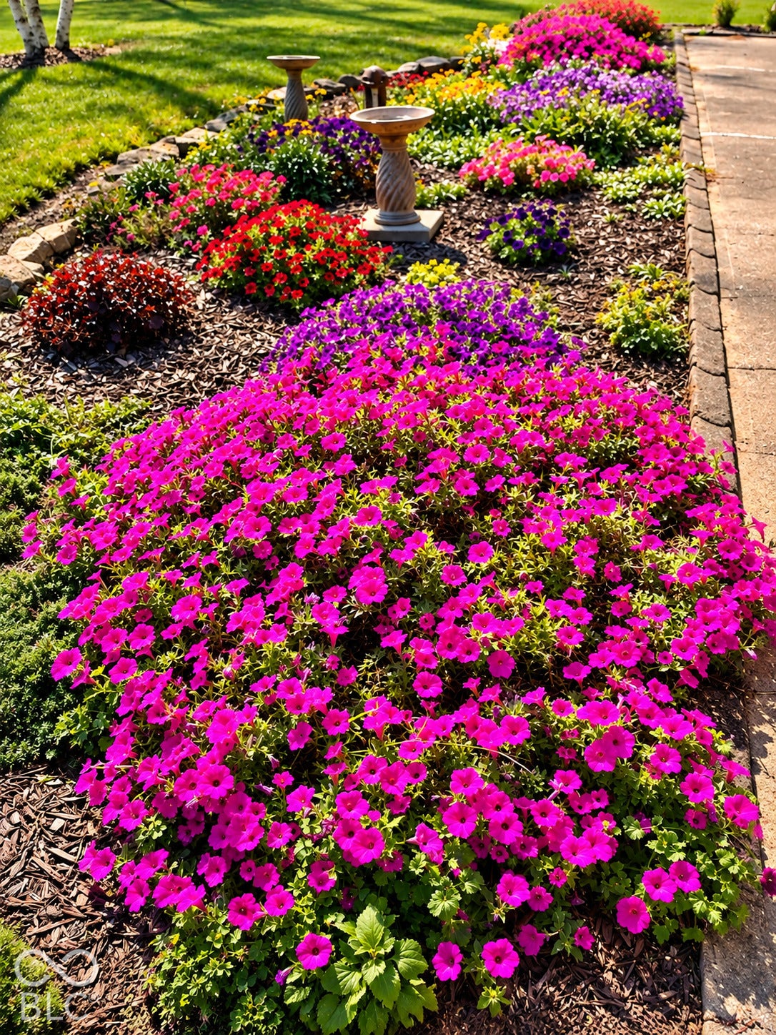 3680 S State Road 75, Coatesville, IN 46121 Manicured landscape bed featuring vibrant flowering plants, wood mulch, and a decorative stone bird bath