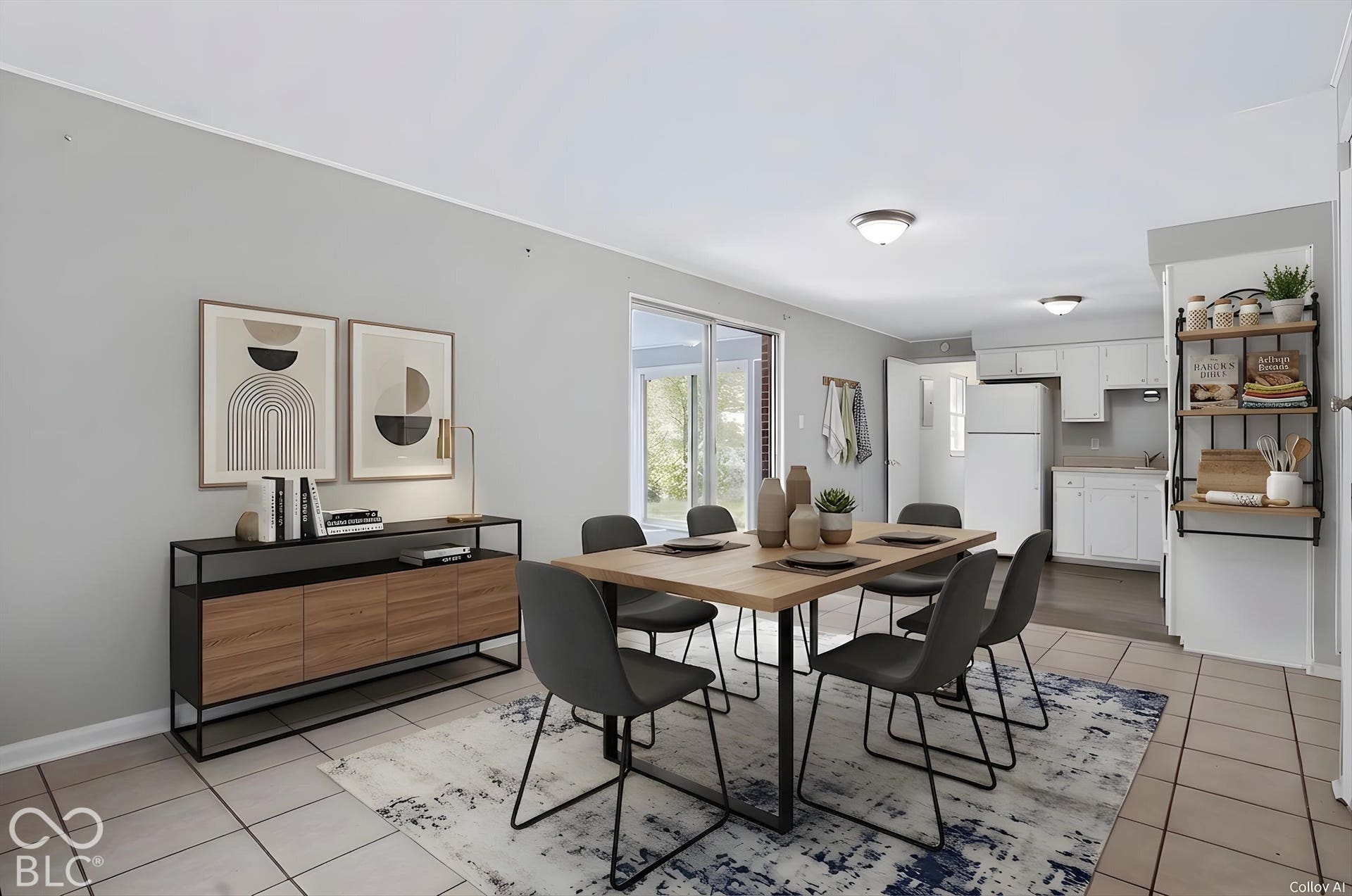 Tile flooring, recessed lighting, white kitchen cabinetry, sliding glass door, and a built-in shelving unit
