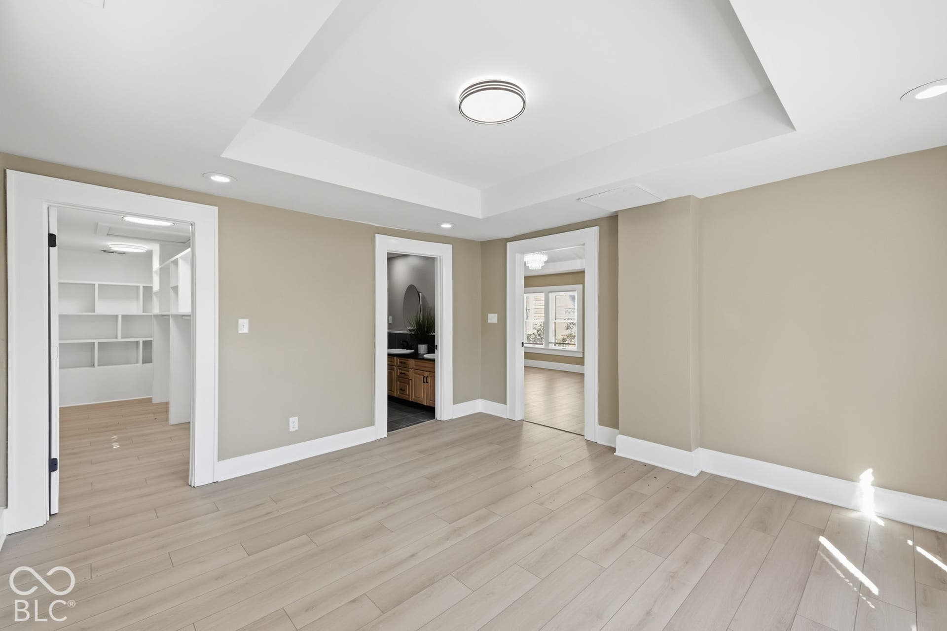 Recessed lighting, wood-finish flooring, tray ceiling, built-in shelving, and a vanity with a round mirror