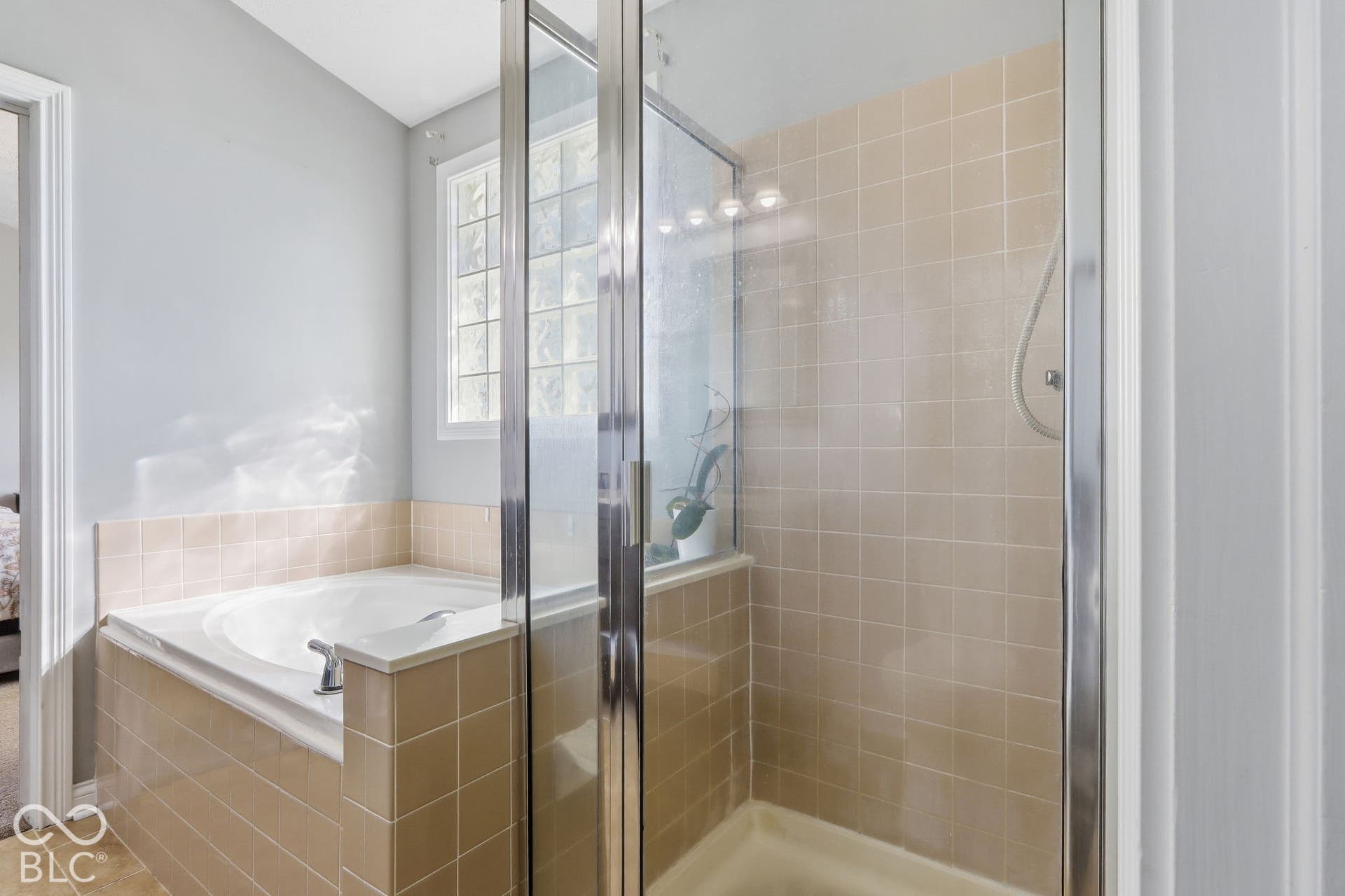 8035 Meadow Bend Lane, Indianapolis, IN 46259 Built-in soaking tub with tiled surround, glass block window, and adjacent enclosed shower with tiled walls