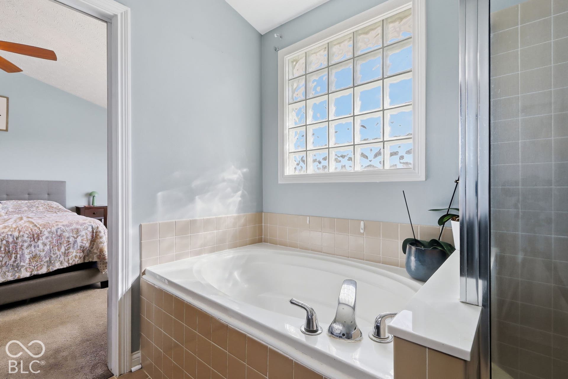 8035 Meadow Bend Lane, Indianapolis, IN 46259 Soaking tub with chrome fixtures and tiled surround