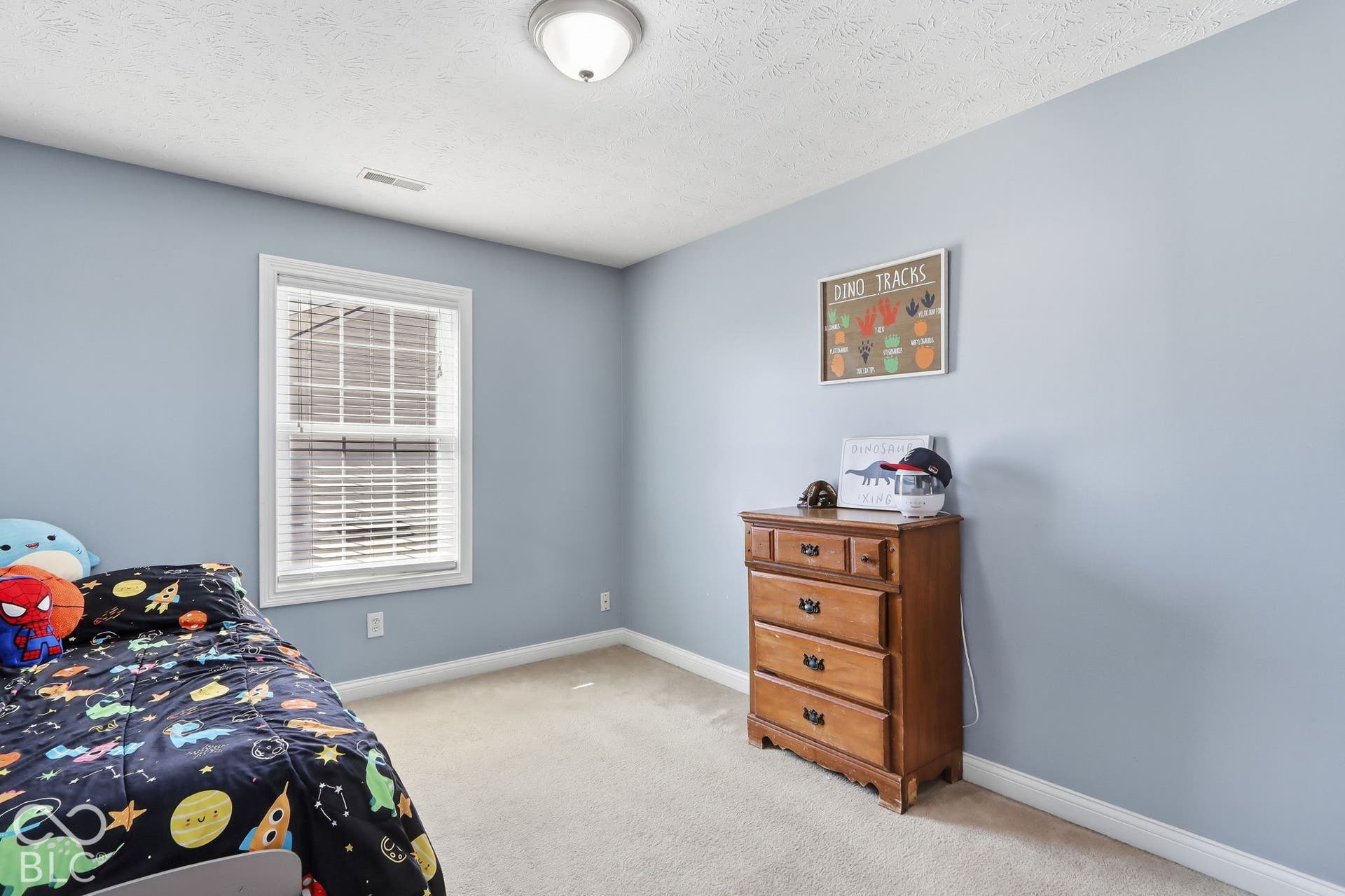 8035 Meadow Bend Lane, Indianapolis, IN 46259 Plush carpeted flooring, light blue wall finishes, white window trim, and a flush mount ceiling light fixture