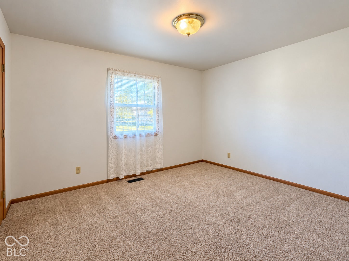 Neutral wall paint, plush carpet flooring, wood trim, flush mount ceiling light, and a window with blinds