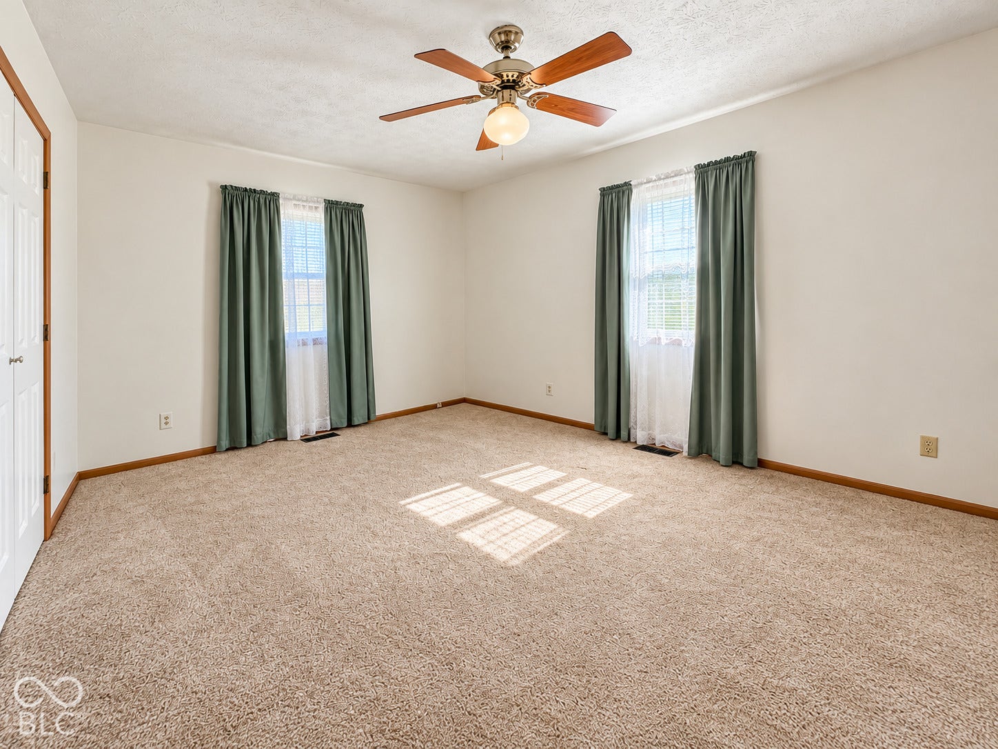 Spacious room with plush carpeting, two windows, a ceiling fan, and white paneled door