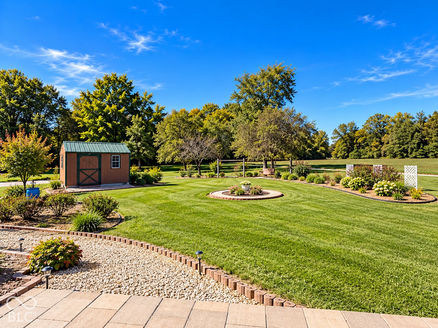 Expansive lawn with integrated landscaping features