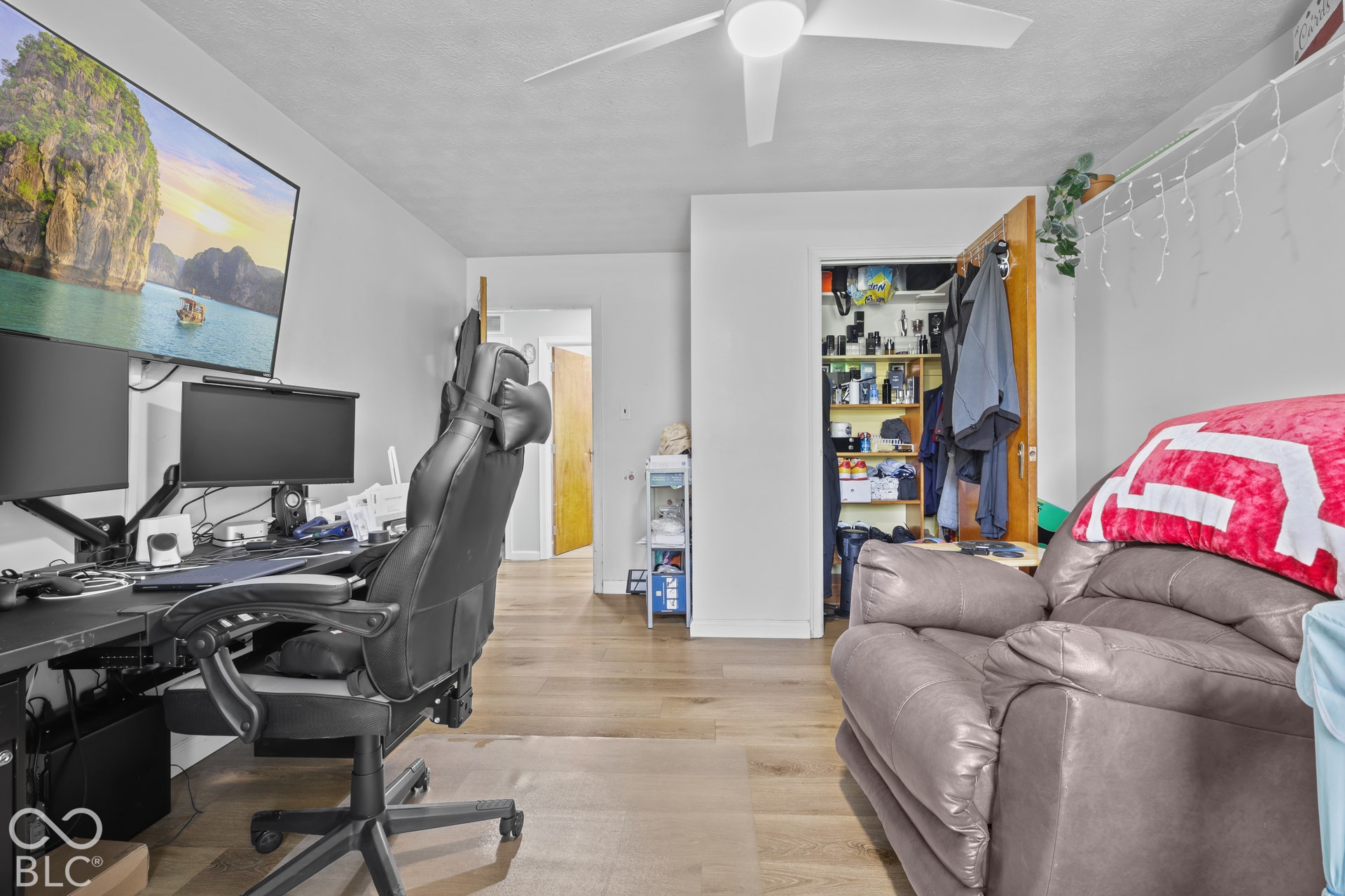 Wood-finish flooring throughout, ceiling fan with integrated lighting, and a built-in closet with shelving