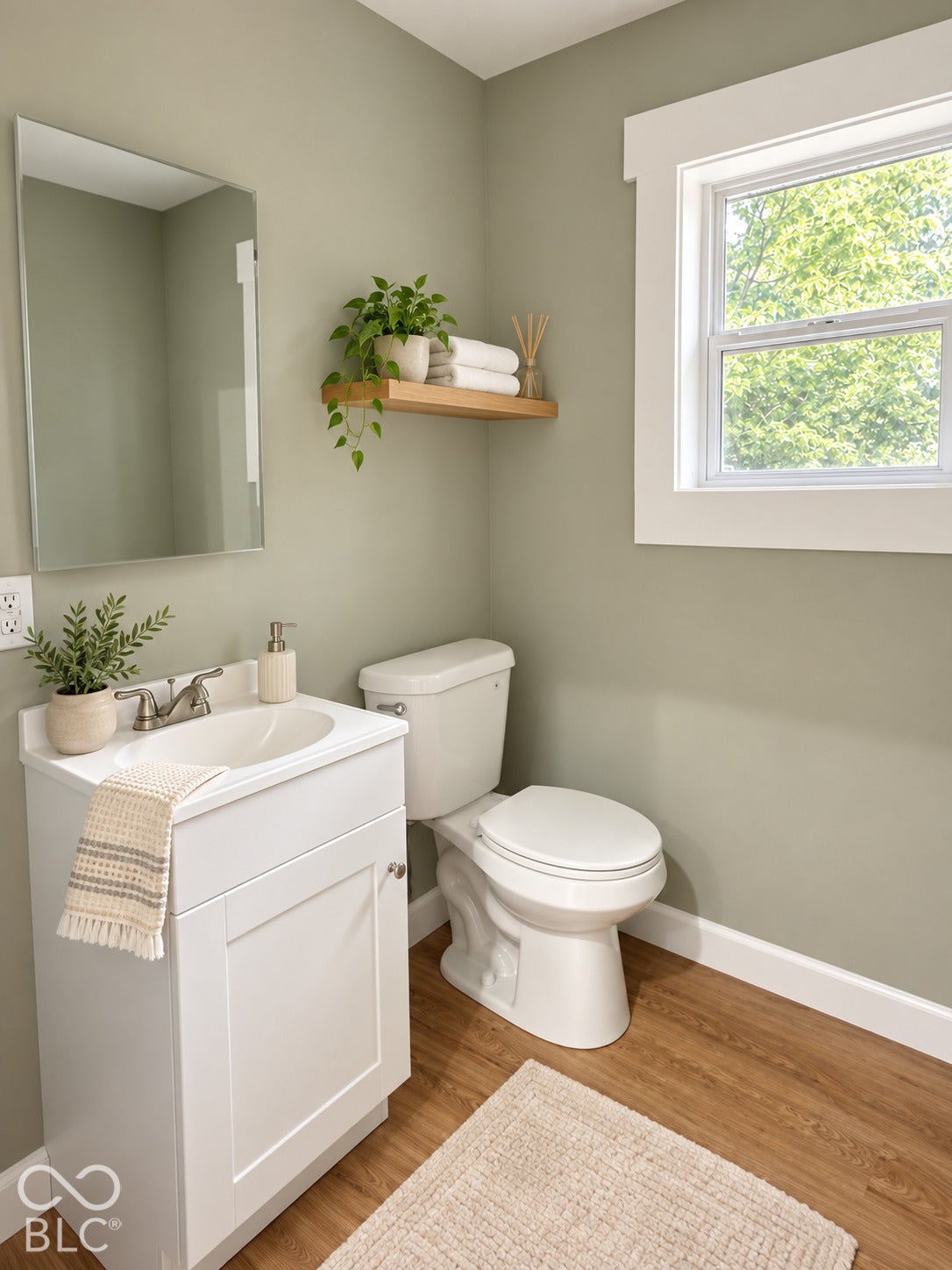 White vanity with integrated sink, wood-finish flooring, and a window with white trim
