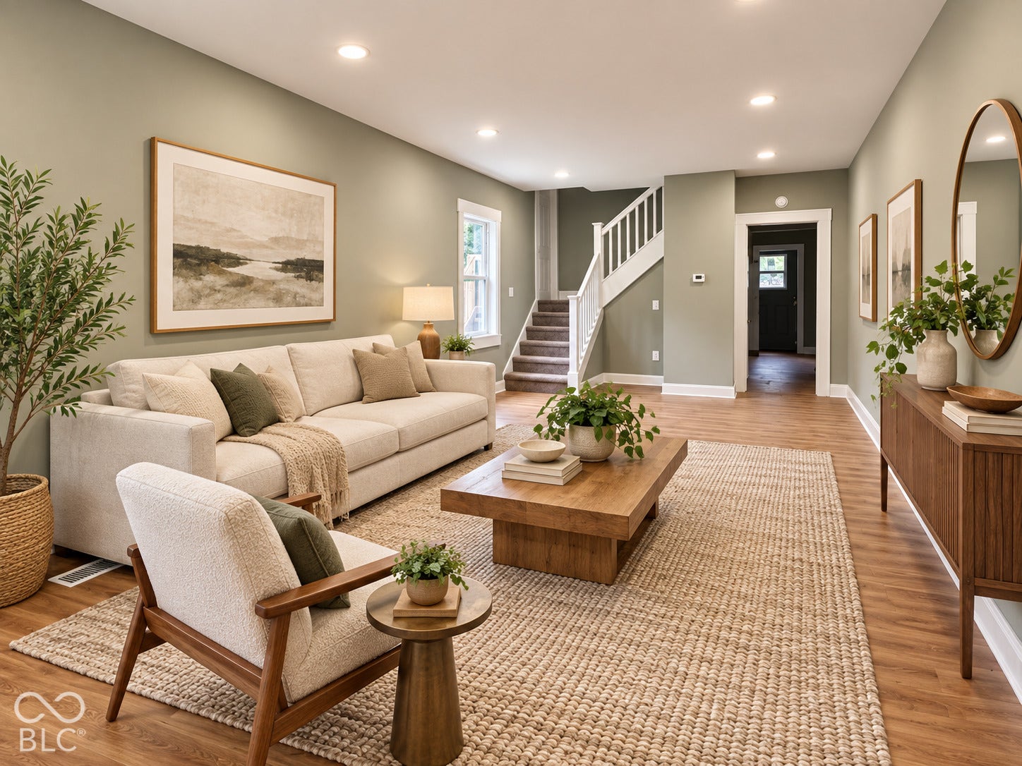 Virtually Altered - Recessed lighting, wood-finish flooring, staircase with white railing, light green wall paint, and white trim throughout
