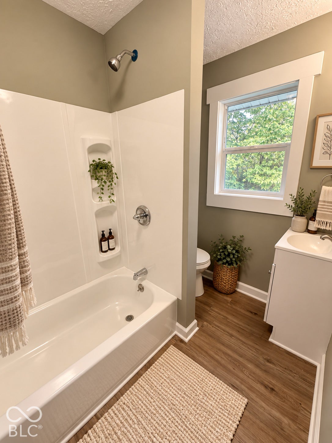 Virtually Altered - White bathtub with a built-in shower, wood-finish flooring, and a window with white trim
