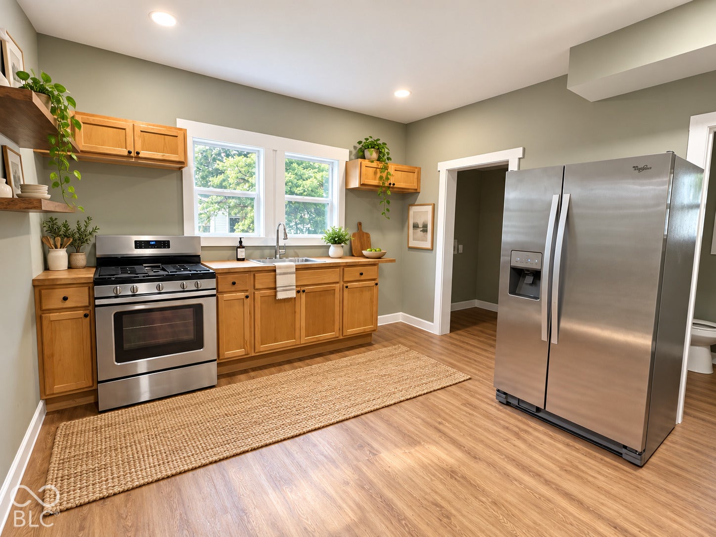 Kitchen featuring stainless steel appliances, wood-finish flooring, wood cabinetry, recessed lighting, and a double window
