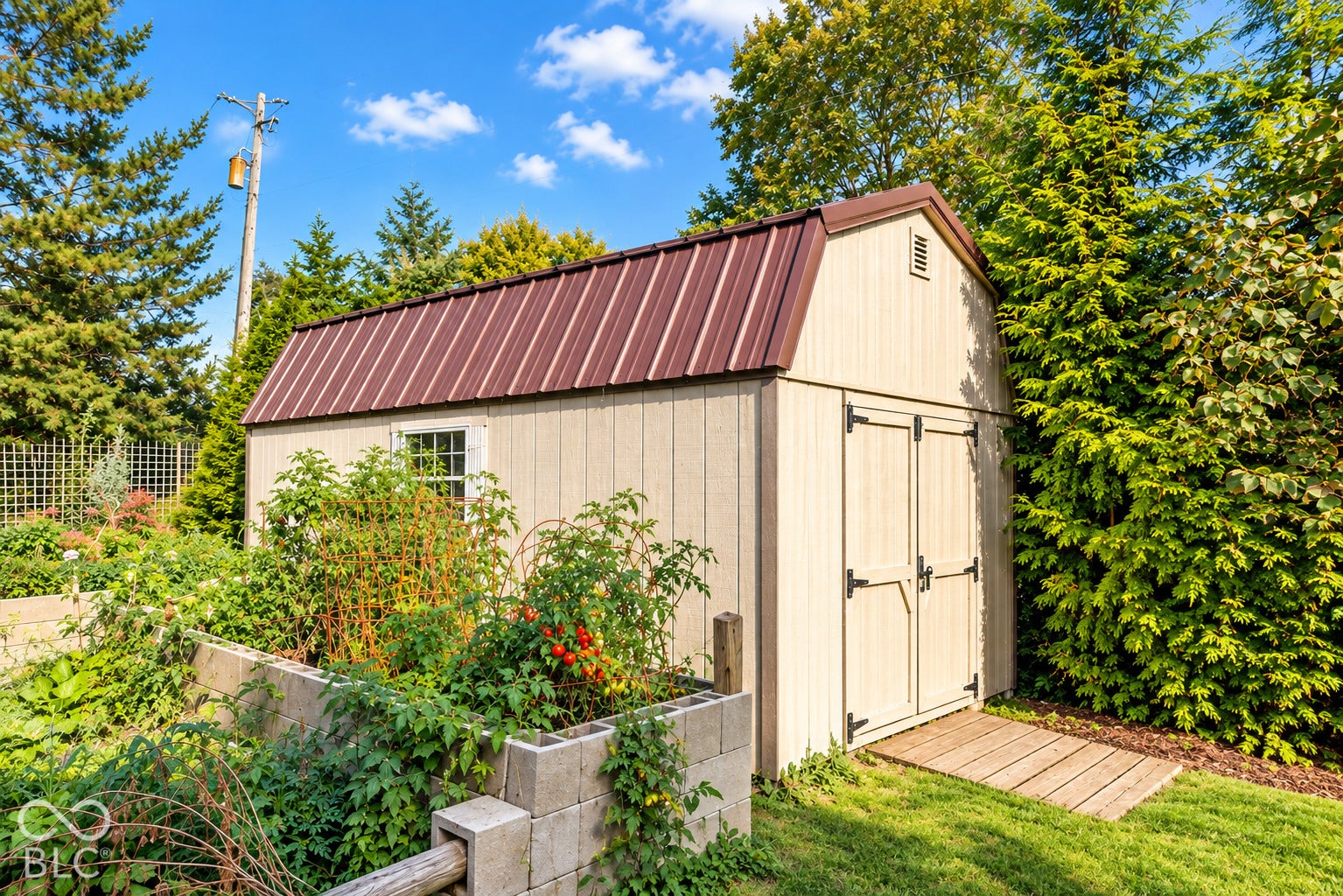 Virtually Altered - Utility shed with a metal roof, window, and double doors