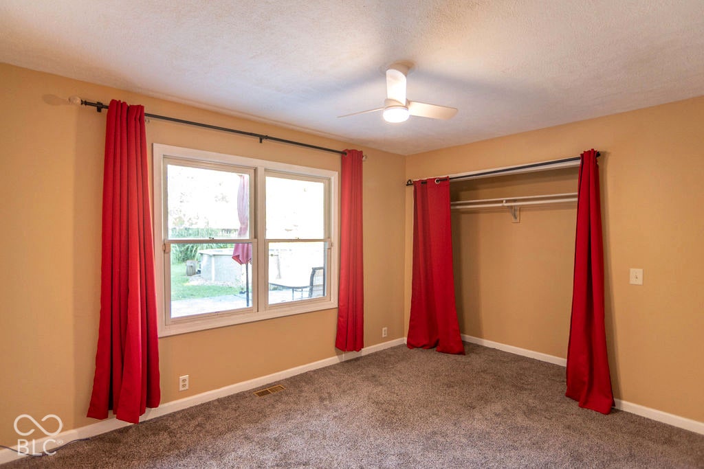 Double window with natural light, ceiling fan, and carpeted flooring