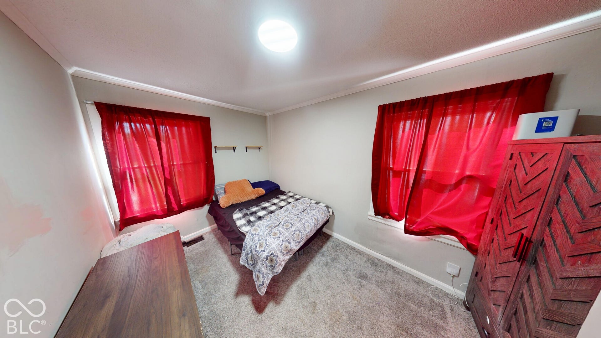 Plush carpeting, two windows, and a ceiling-mounted light fixture