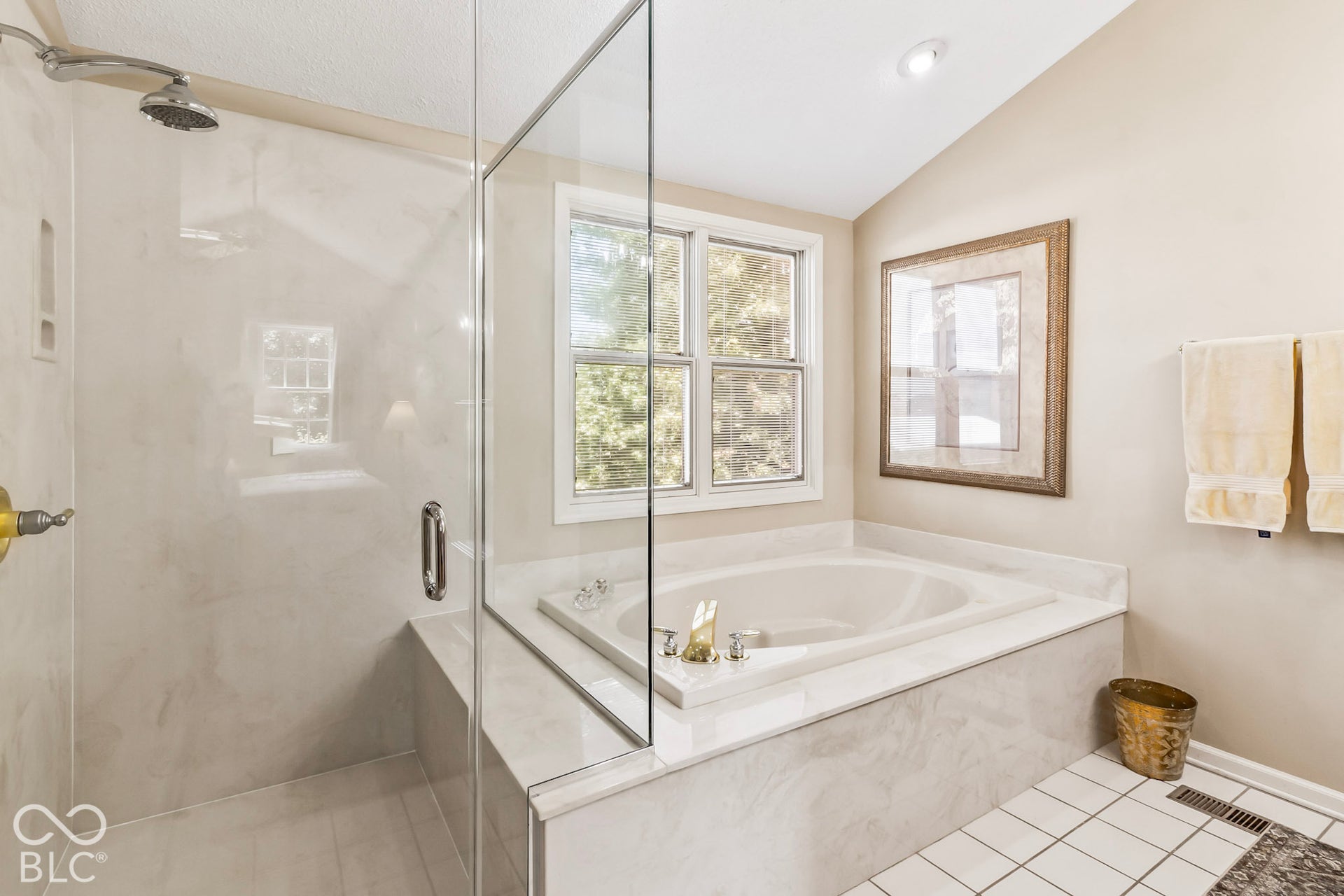 10954 N County Road 150 Road E, Pittsboro, IN 46167 Walk-in shower with glass enclosure, deep soaking tub, and tile surround