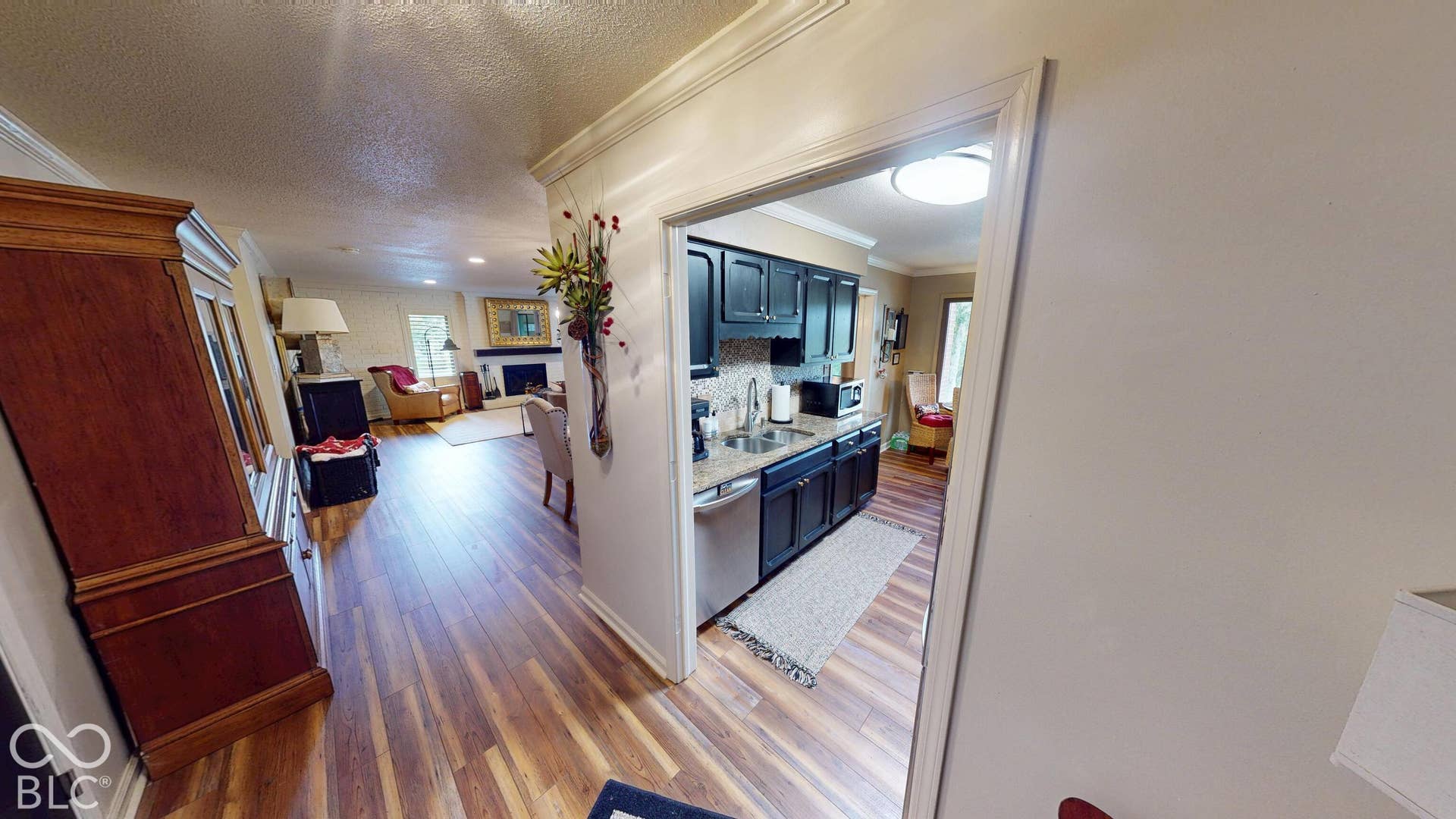 201 Bluffs Circle, Noblesville, IN 46062 Wood-finish flooring throughout, crown molding, and a kitchen featuring dark cabinetry, stainless steel appliances, and a light-toned backsplash
