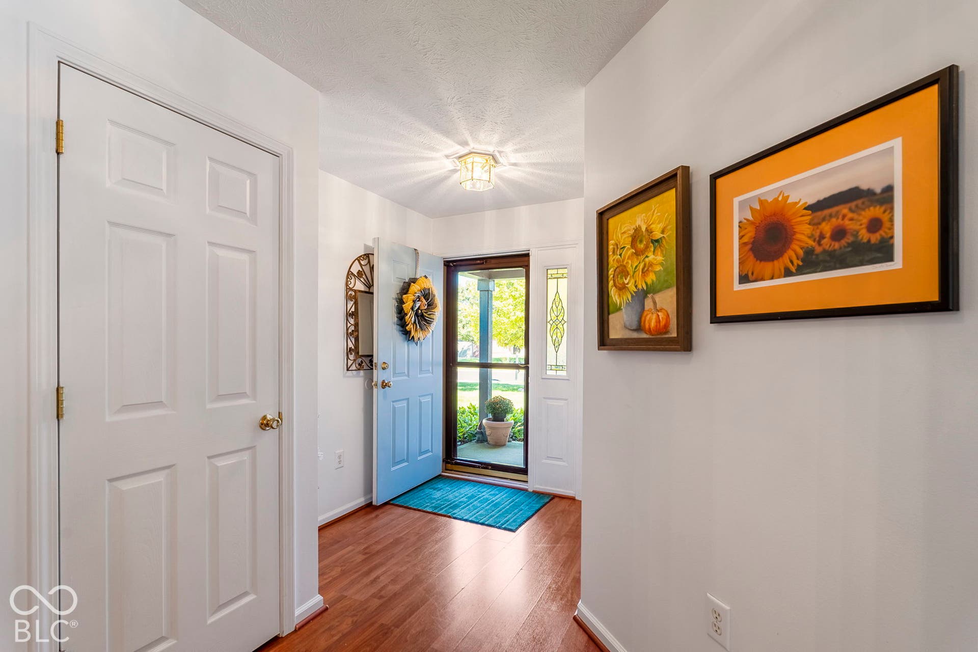 Entryway featuring wood-finish flooring, a white paneled door, and a light fixture