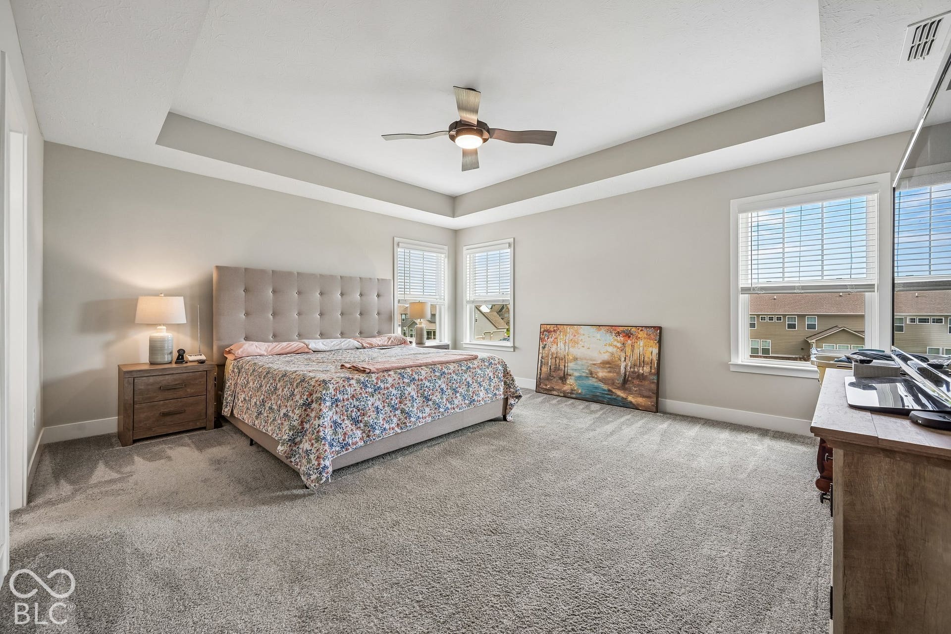 Tray ceiling with a ceiling fan, dual windows, and plush carpeting