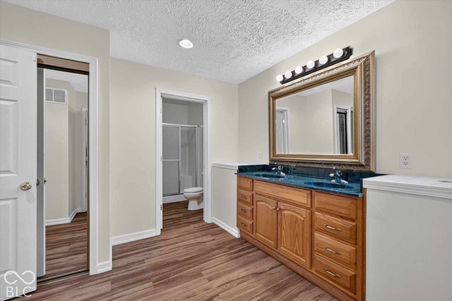 8404 Union Chapel Road, Indianapolis, IN 46240 Double vanity with wood-finish cabinetry and ornate framed mirror