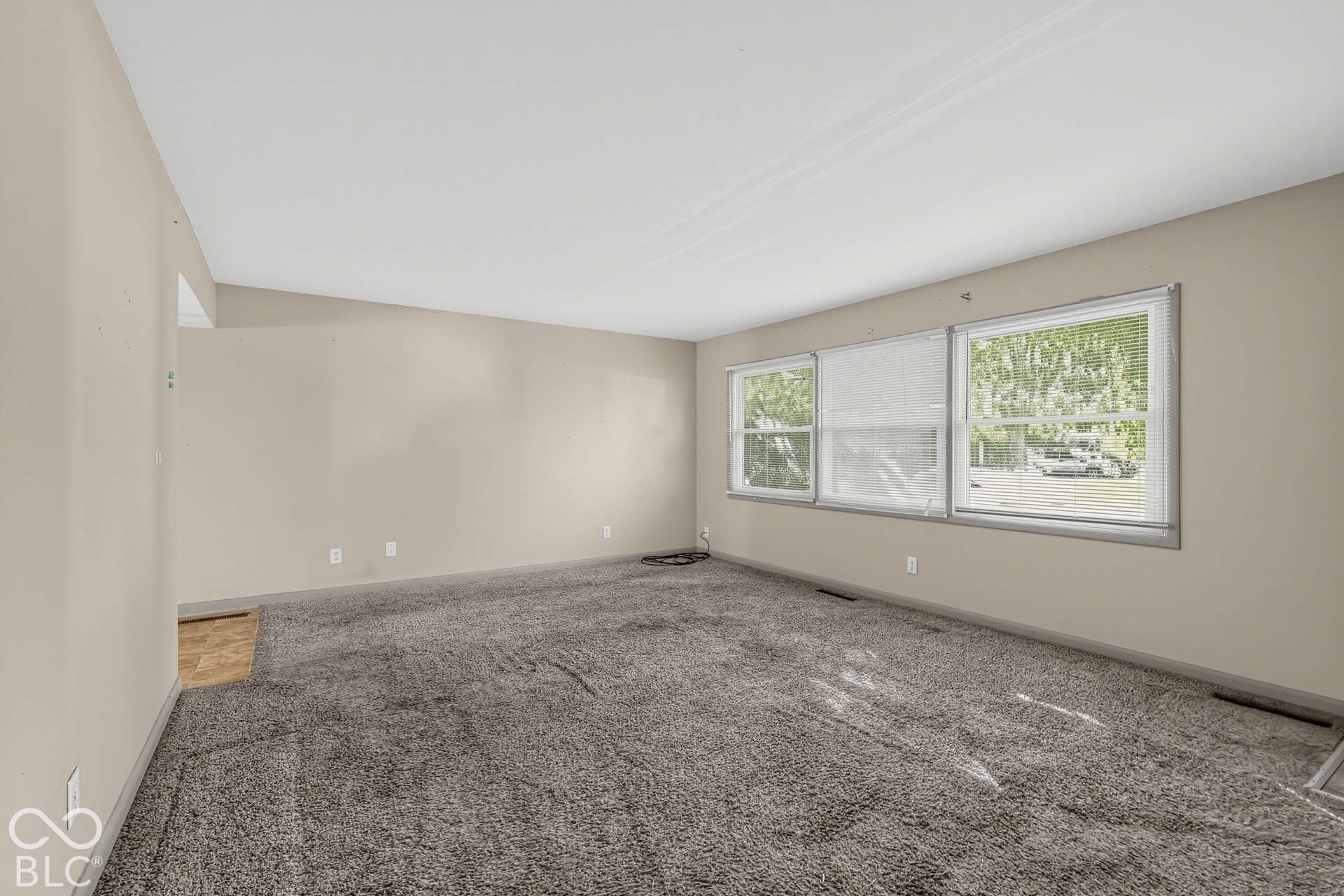 Expansive room with neutral tone walls and gray carpeting