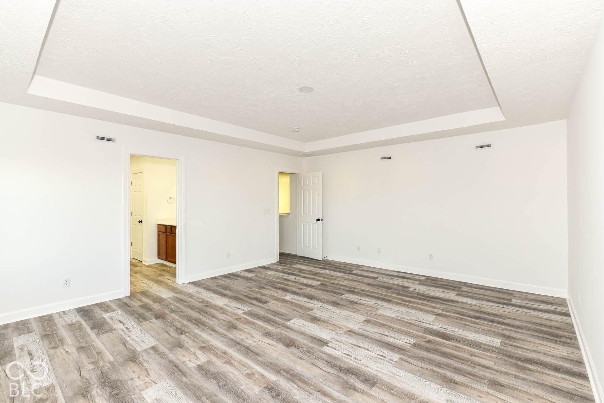 Recessed ceiling design, wood-finish flooring, white walls, white doors, and a built-in vanity