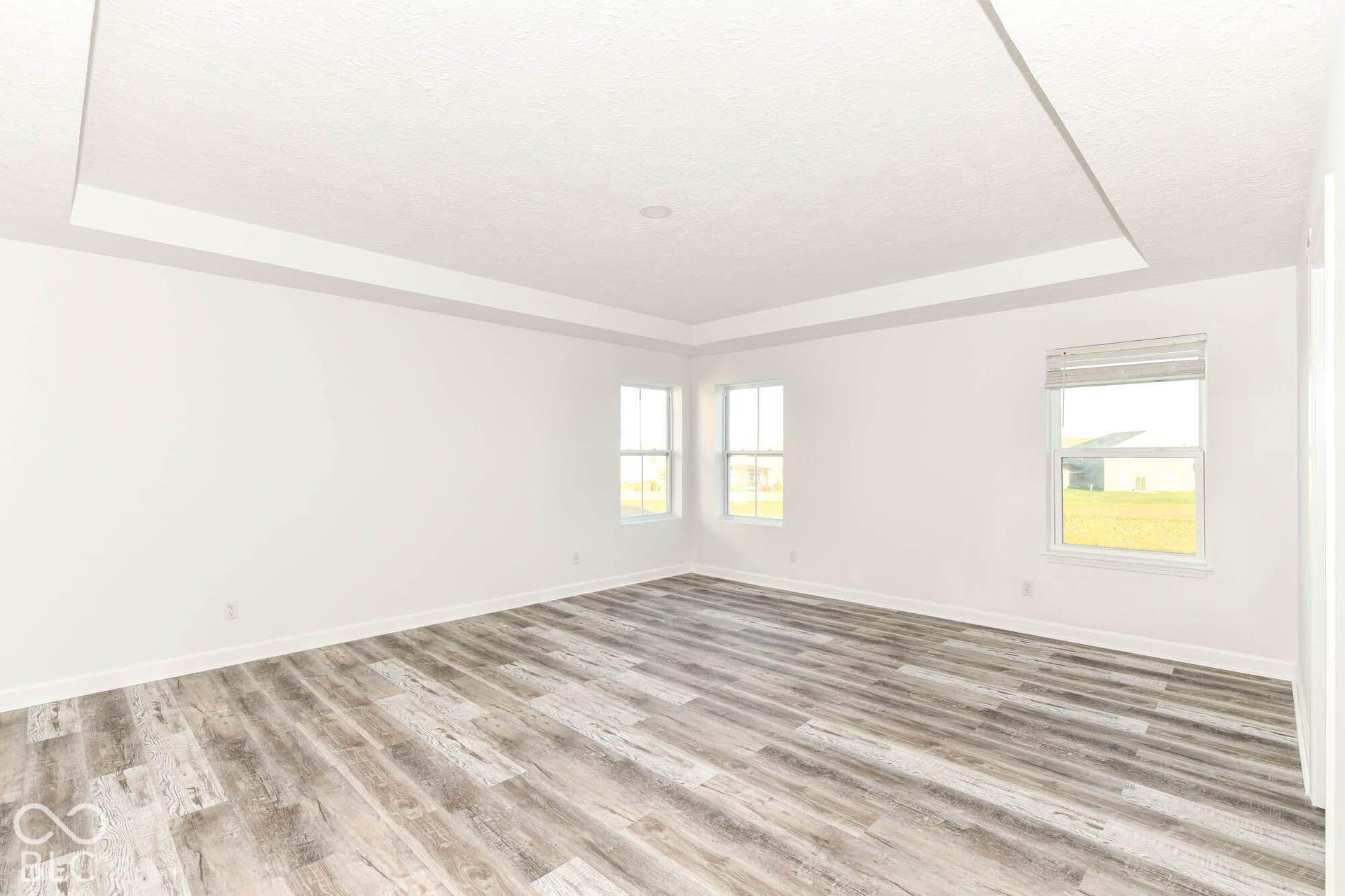 Tray ceiling with recessed lighting, multiple windows, and wood-finish flooring