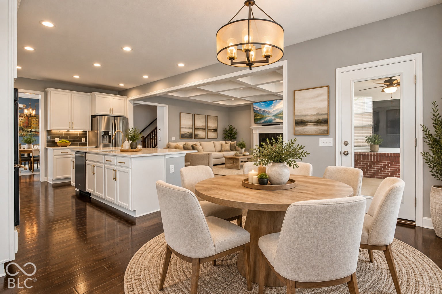 Open-concept living space with dark wood-finish flooring