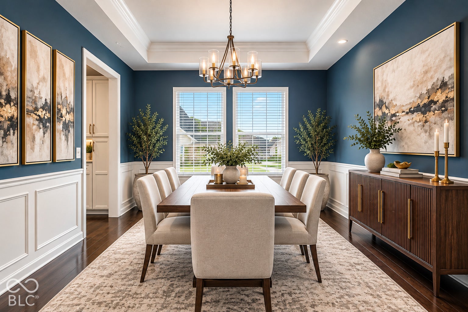Tray ceiling with a bronze-finish chandelier, multiple windows with blinds, and wood-finish flooring