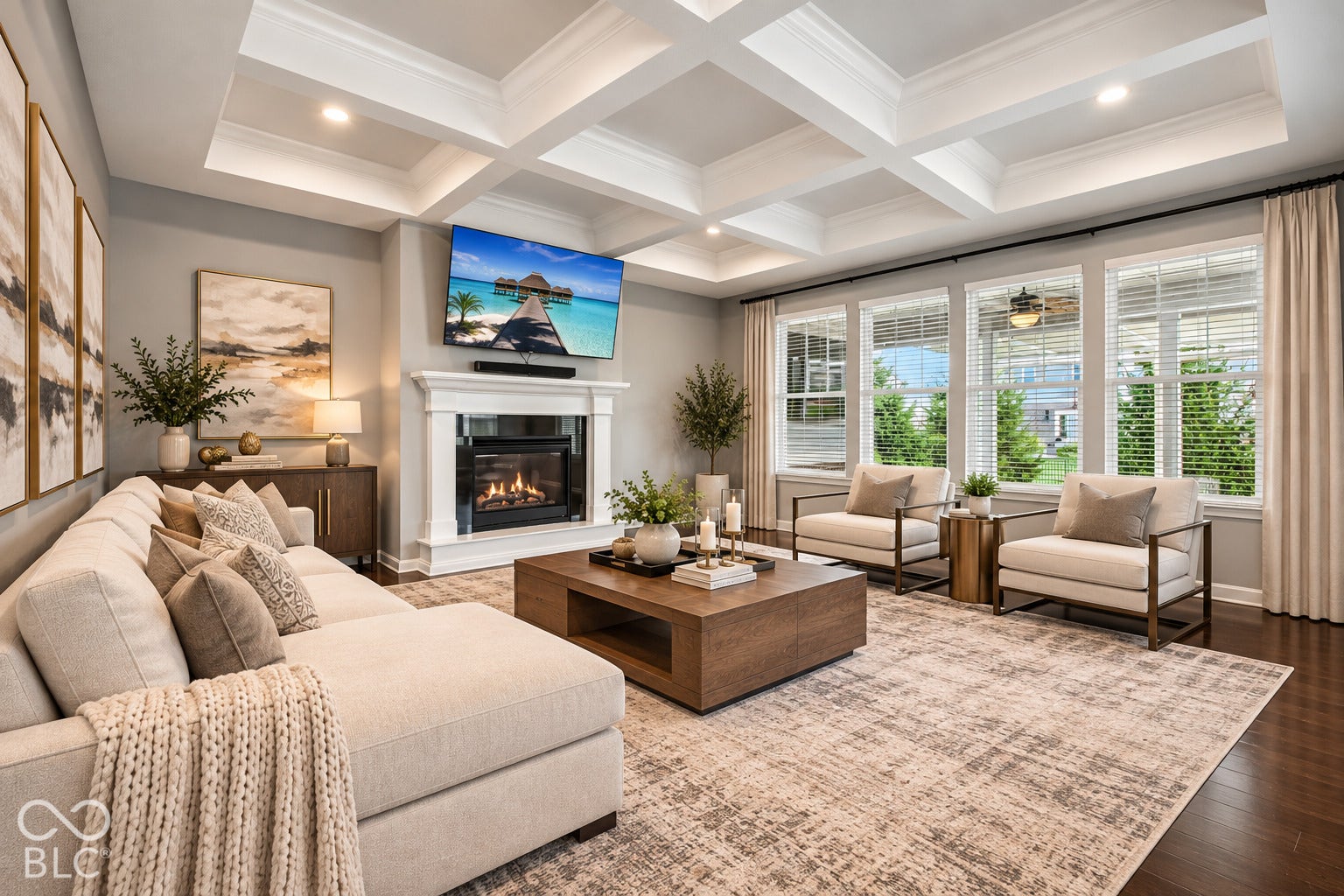Coffered ceiling with recessed lighting, fireplace with white mantel, dark wood-finish flooring, and multiple large windows