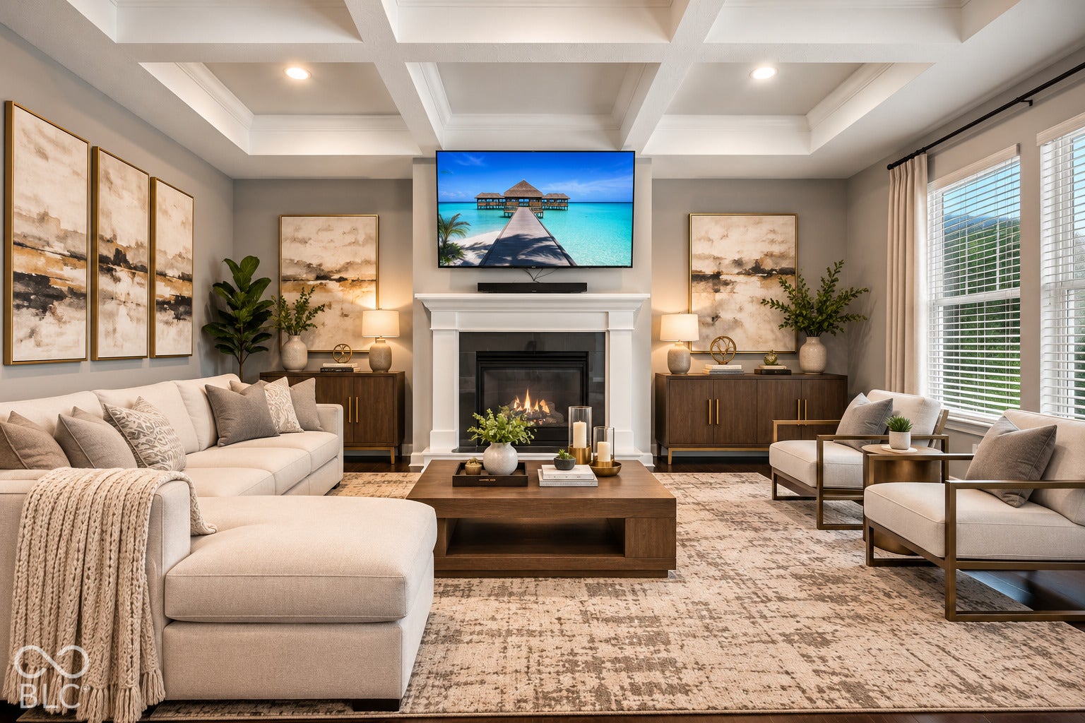 Coffered ceilings with recessed lighting, a fireplace with a classic mantel, and expansive windows providing abundant natural light