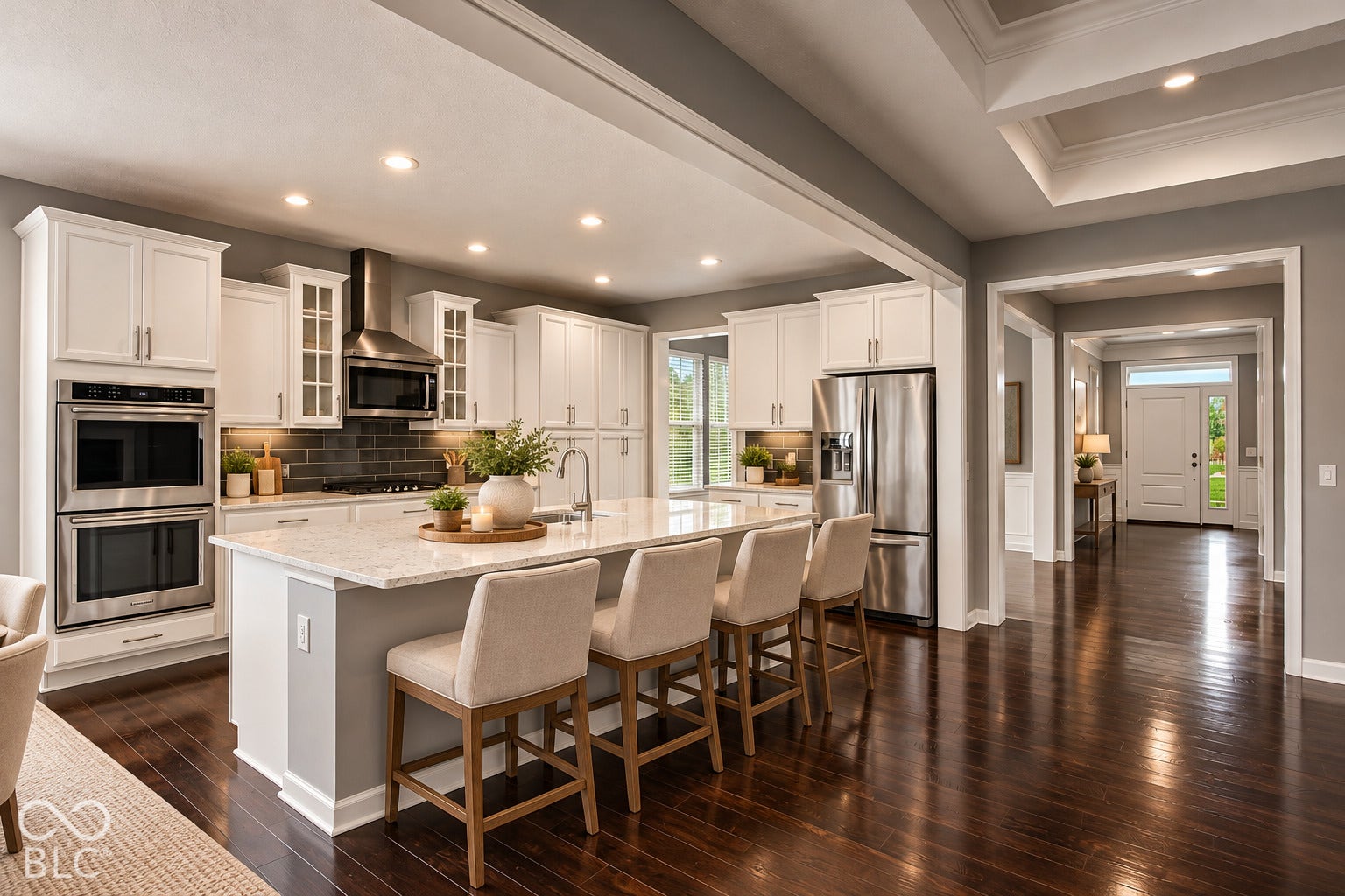Gourmet kitchen with white cabinetry, stainless steel appliances, a center island with countertop seating, and wood-finish flooring